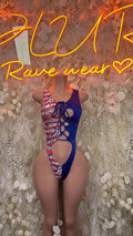 Blue patriotic halter bodysuit with stars-and-stripes panel, lace-up front and cheek cutouts