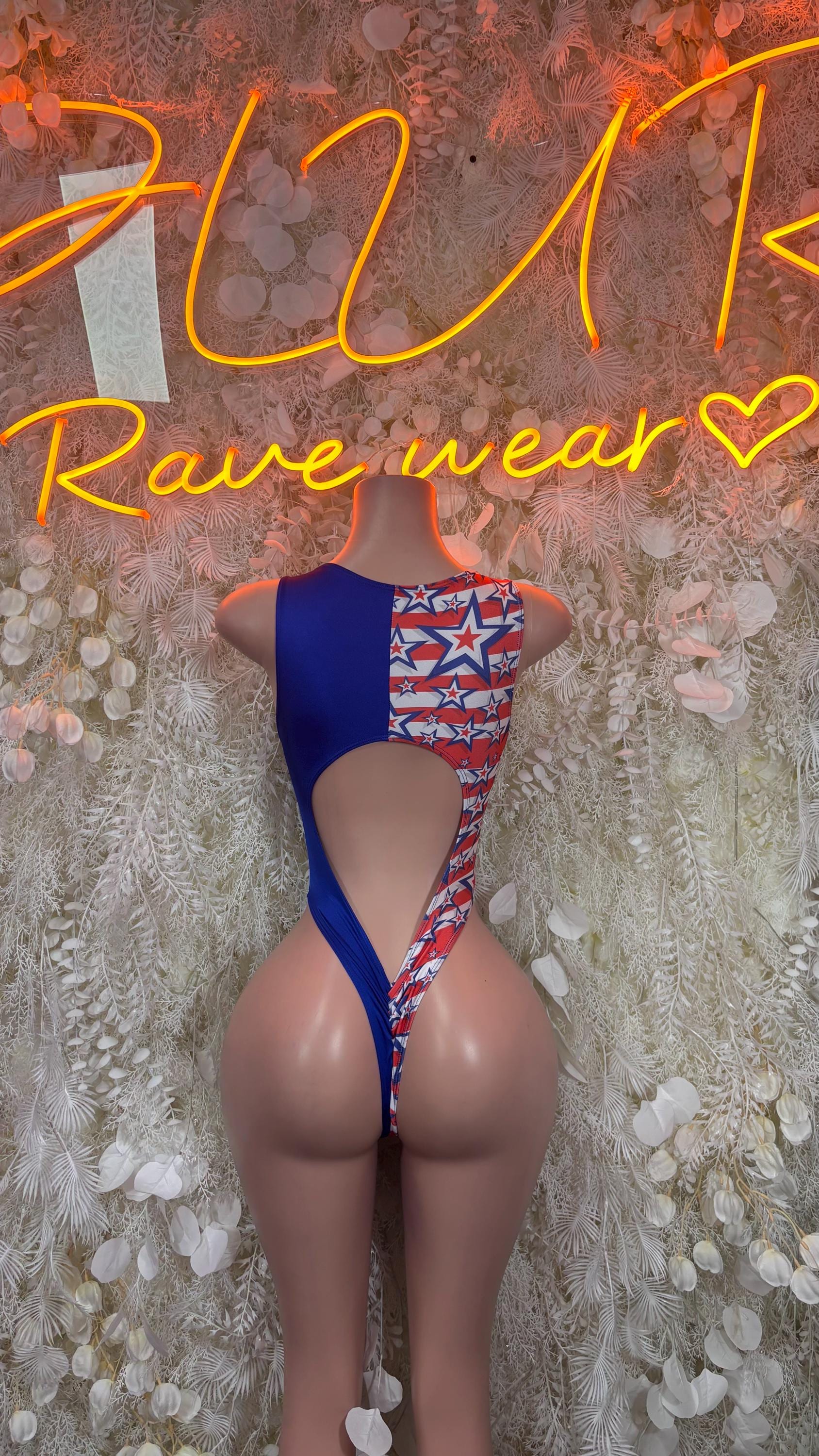 Blue patriotic halter bodysuit with stars-and-stripes back panel and lace-up strap ties