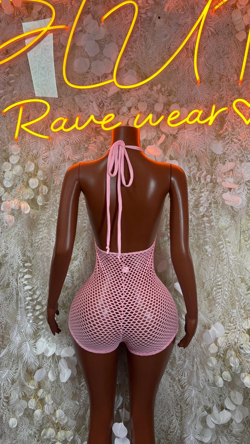 Pink fishnet bodysuit with tied back straps and V-neck front