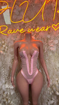 Pink sleeveless baby bodysuit with corset-style front and sweetheart neckline