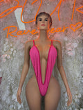 Hot pink mesh one-piece bodysuit with deep V neckline and thin spaghetti straps