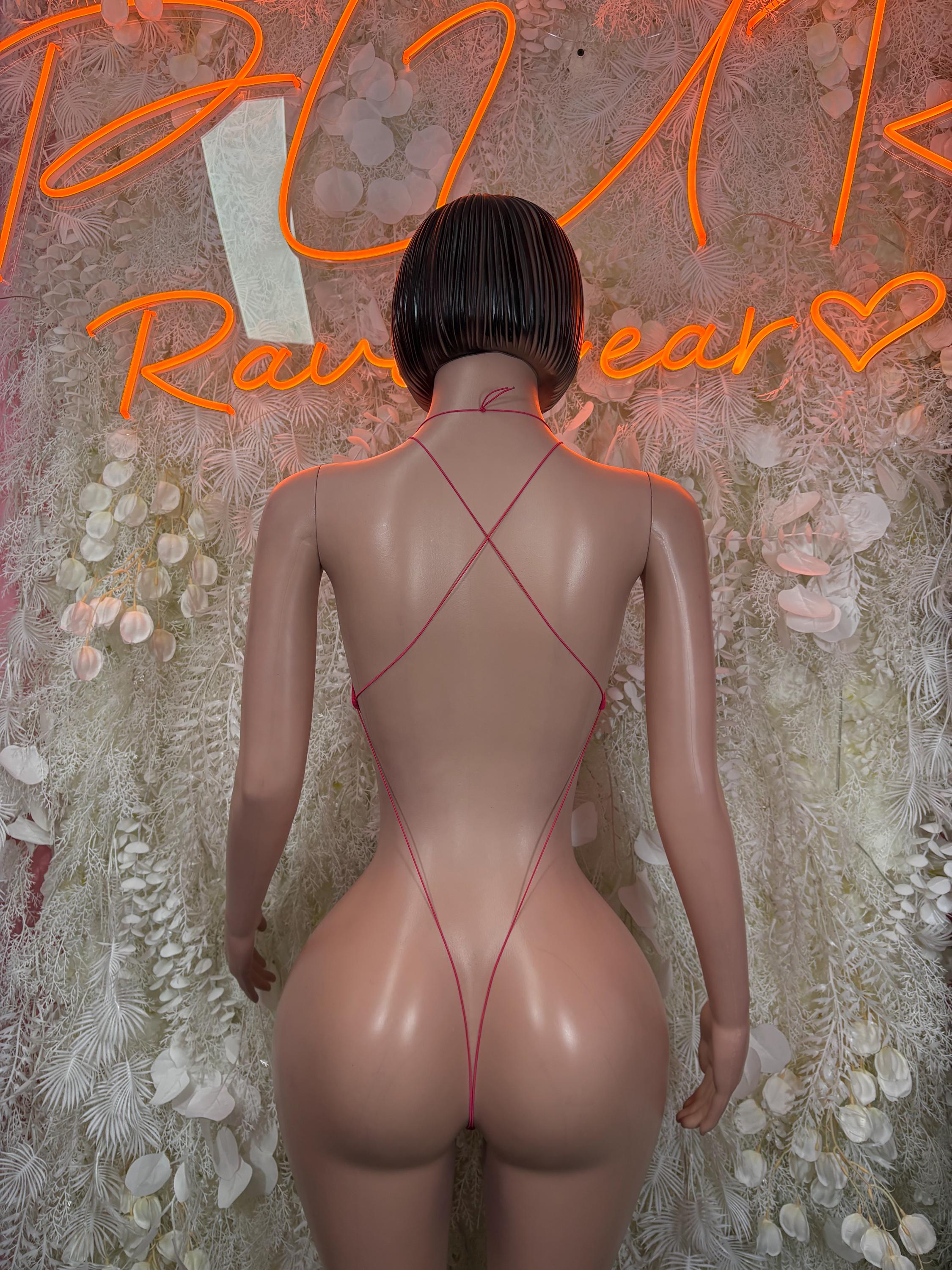Hot pink sheer one-piece bodysuit, open back with crisscross straps