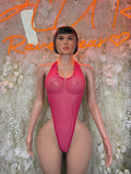 Hot pink sheer one-piece bodysuit with halter neckline and thong cut