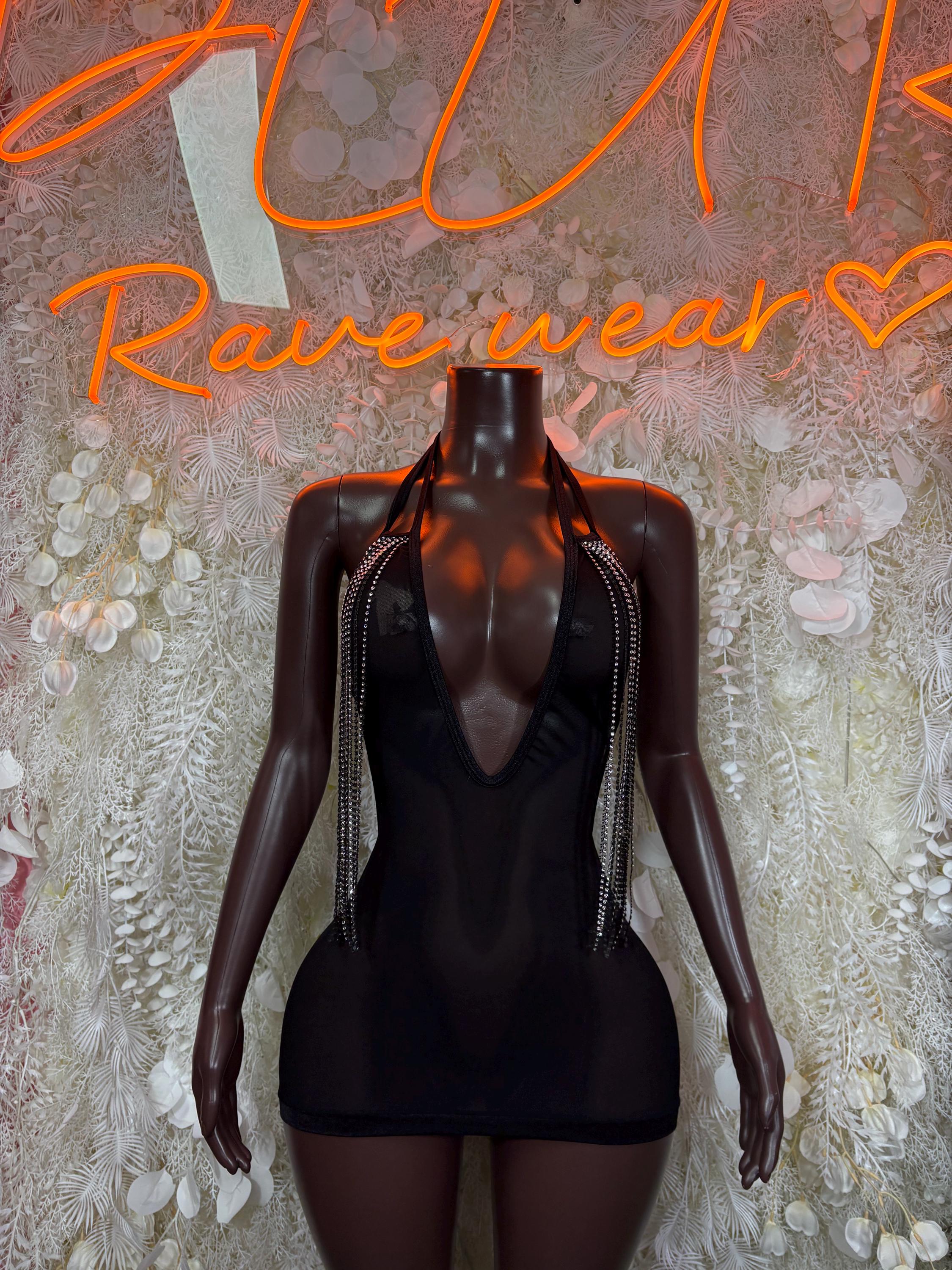 Black halter mini dress with deep V neckline and glossy fabric, sleeveless front