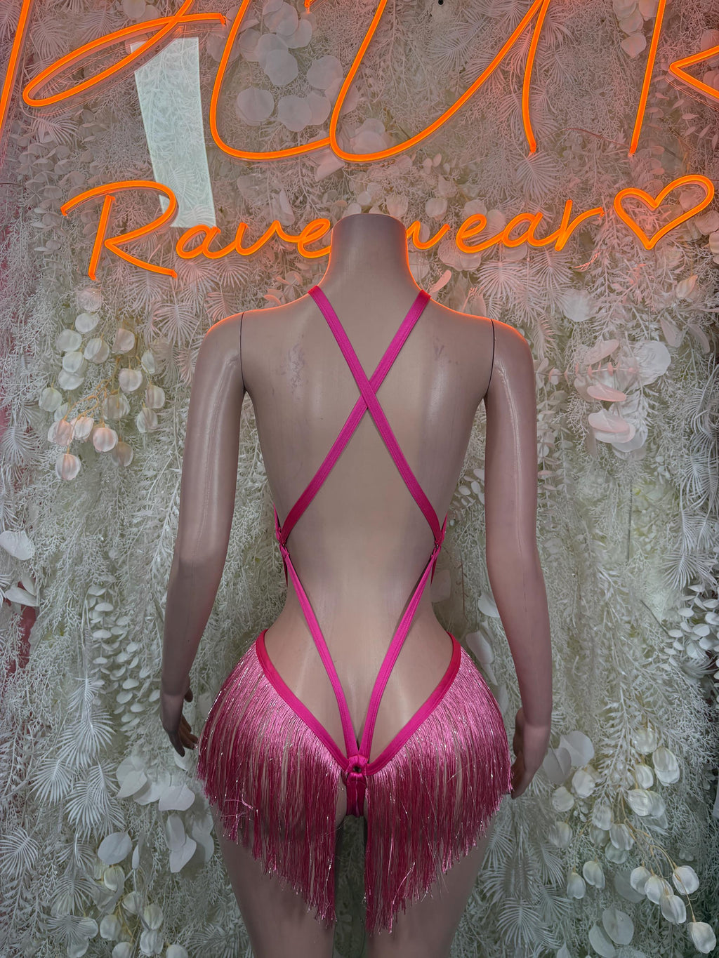 Pink fringe halter bikini set with open back and crisscross strap design