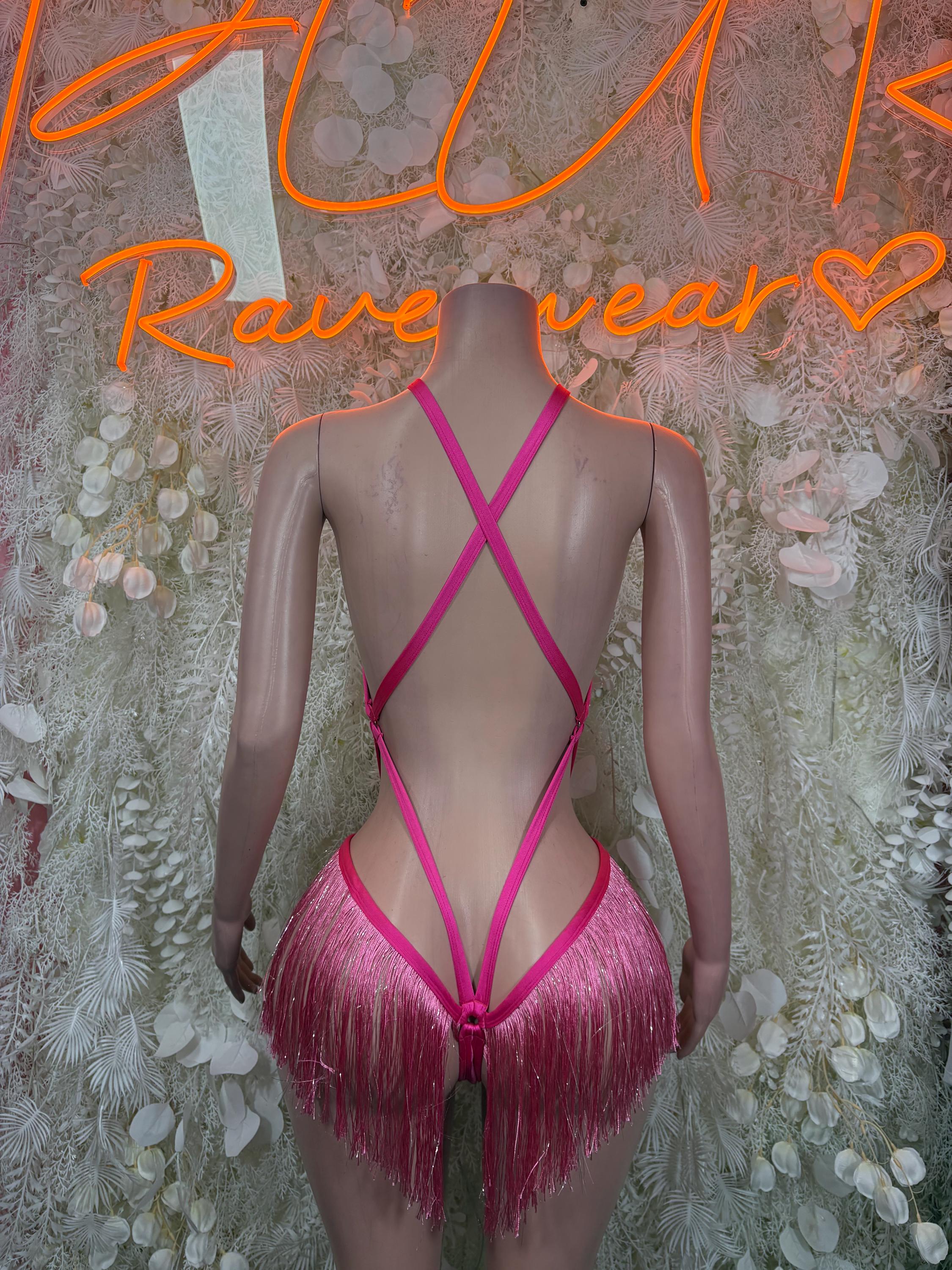 Pink fringe halter bikini set with open back and crisscross strap design