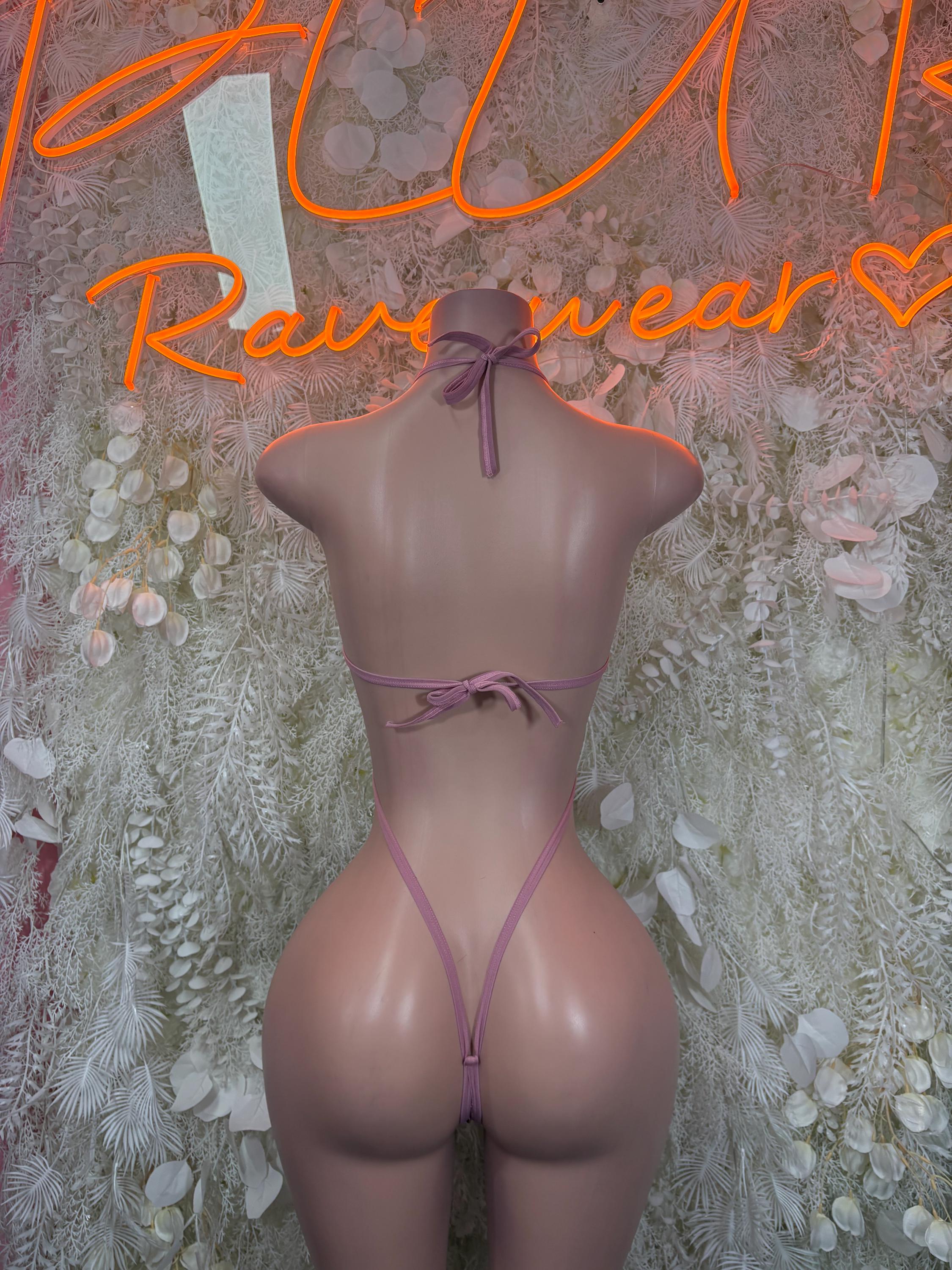 Pink strappy halter thong bodysuit with tie-back and open back