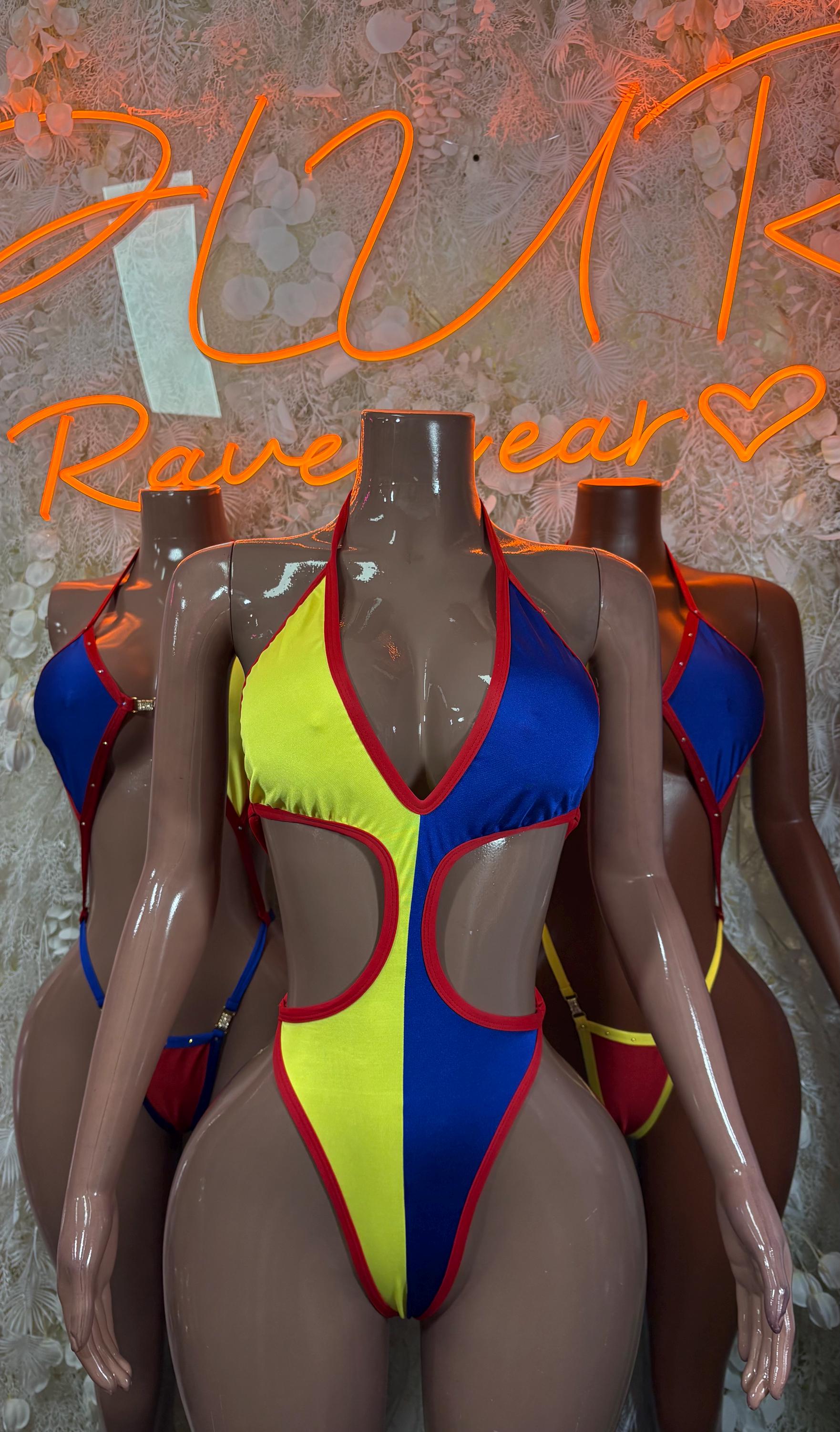 One-piece flag print bodysuit swimsuit with bold blue, yellow, red color-block panels