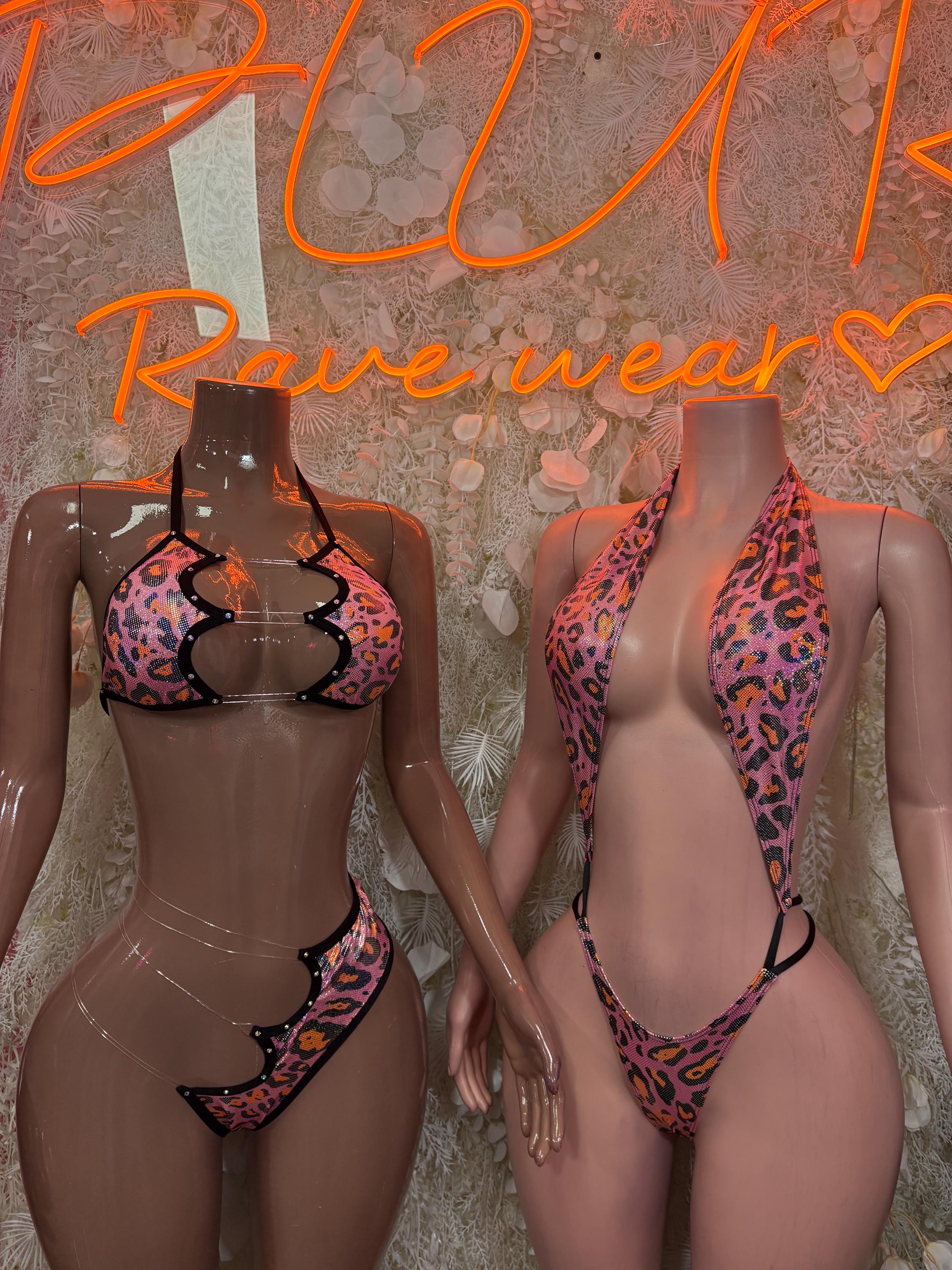 Holographic cheetah print bikini set, front and open-back view on mannequins