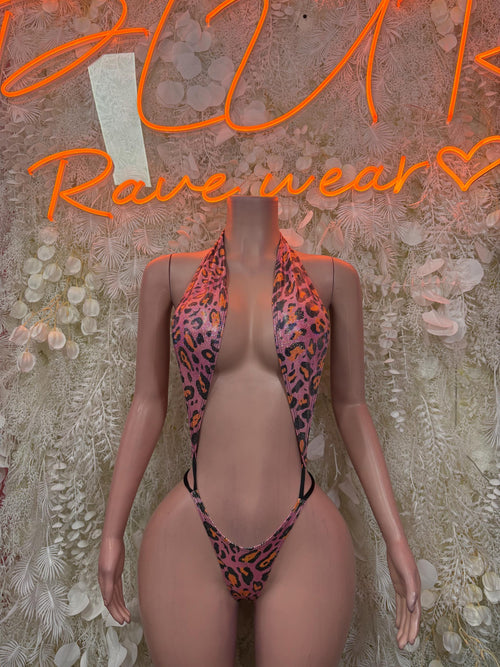 Cheetah-print one-piece swimsuit with halter neckline and side tie straps