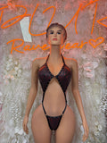 Hologram dance bodysuit with black mesh and red shimmer, front cutout design