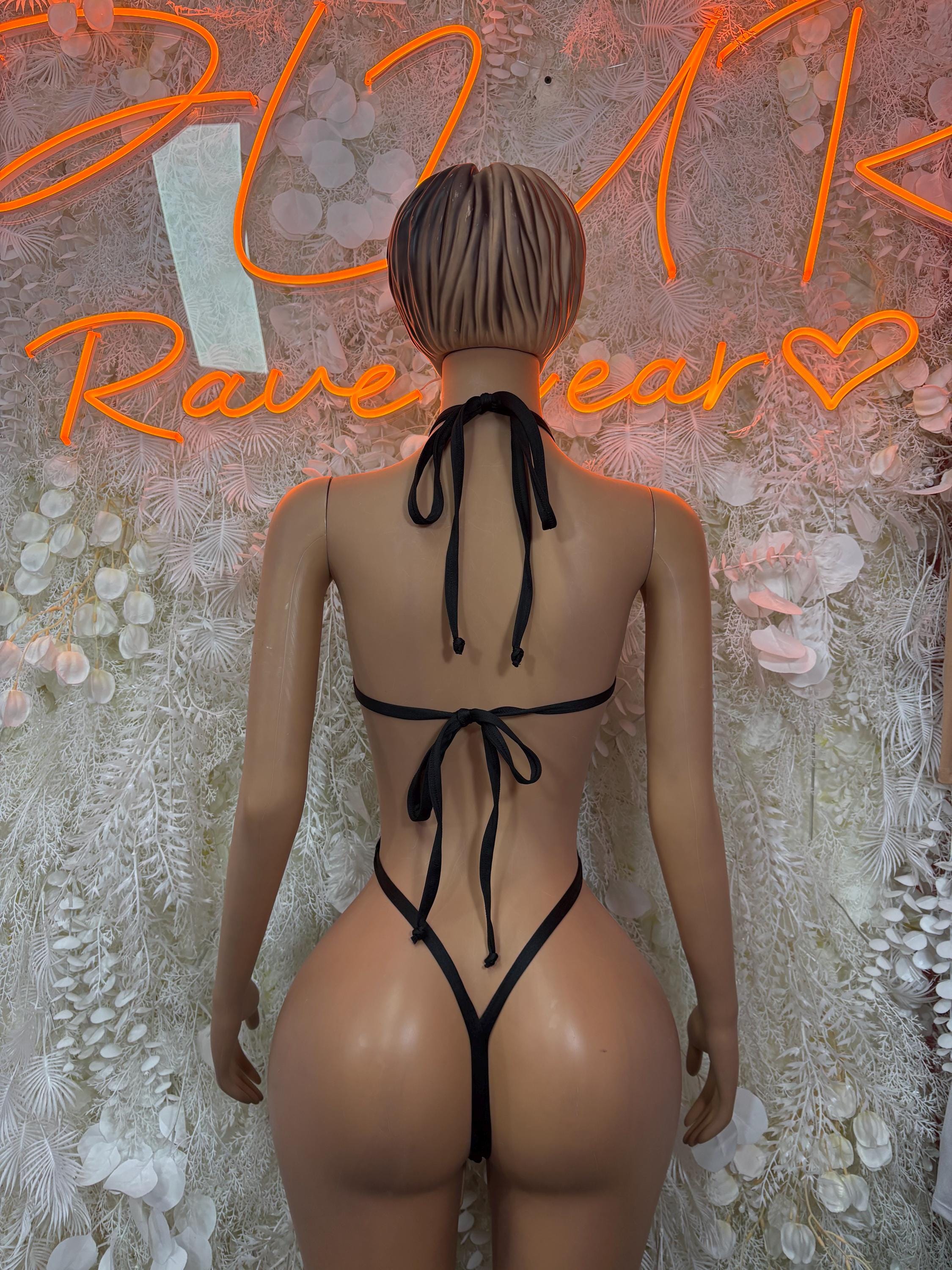 Hologram dance bodysuit backless, black ties and red shimmer fabric with triangle panels
