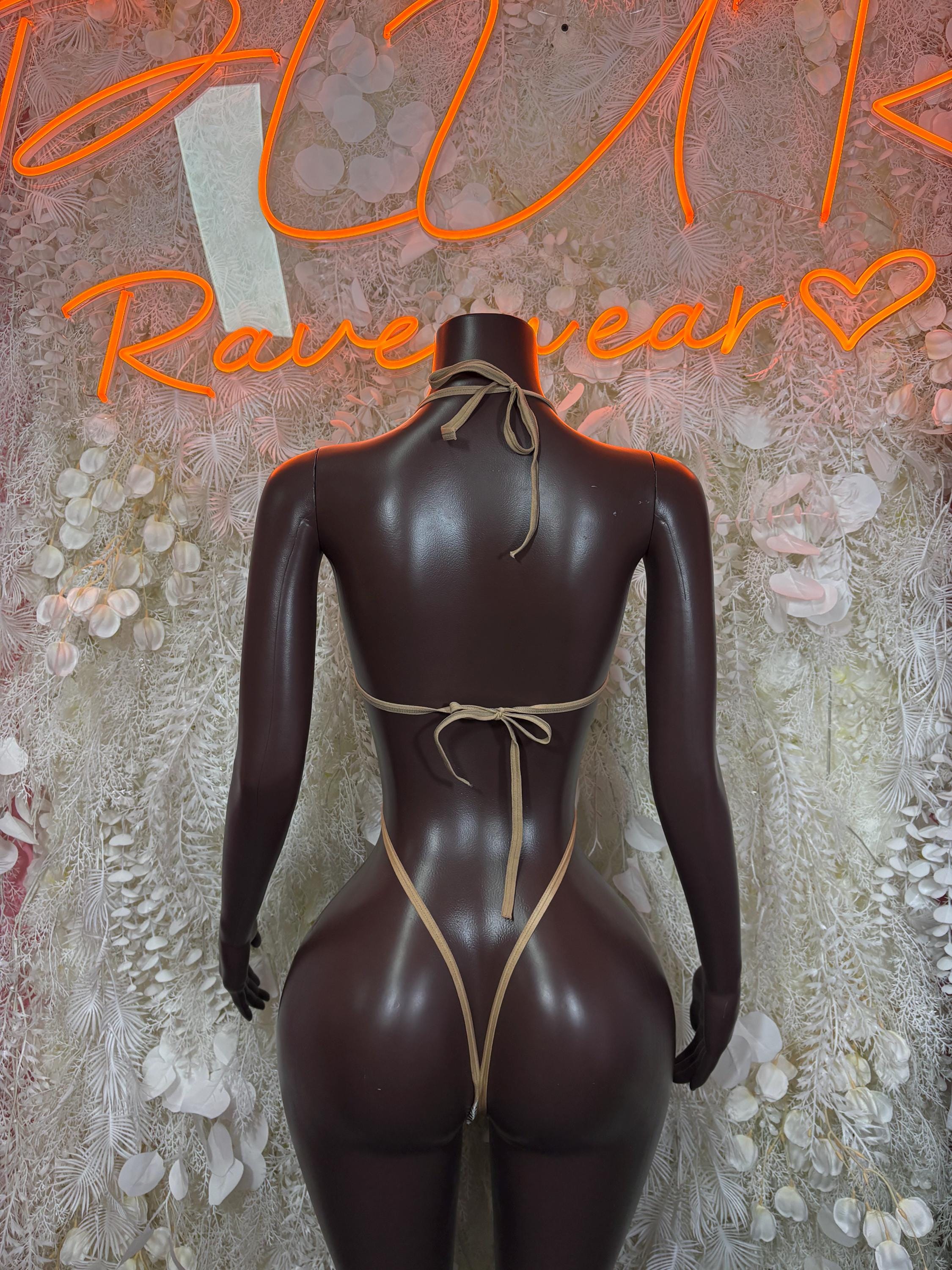 Tan mesh slingshot one-piece bodysuit backless with lace-tie back, gold trim