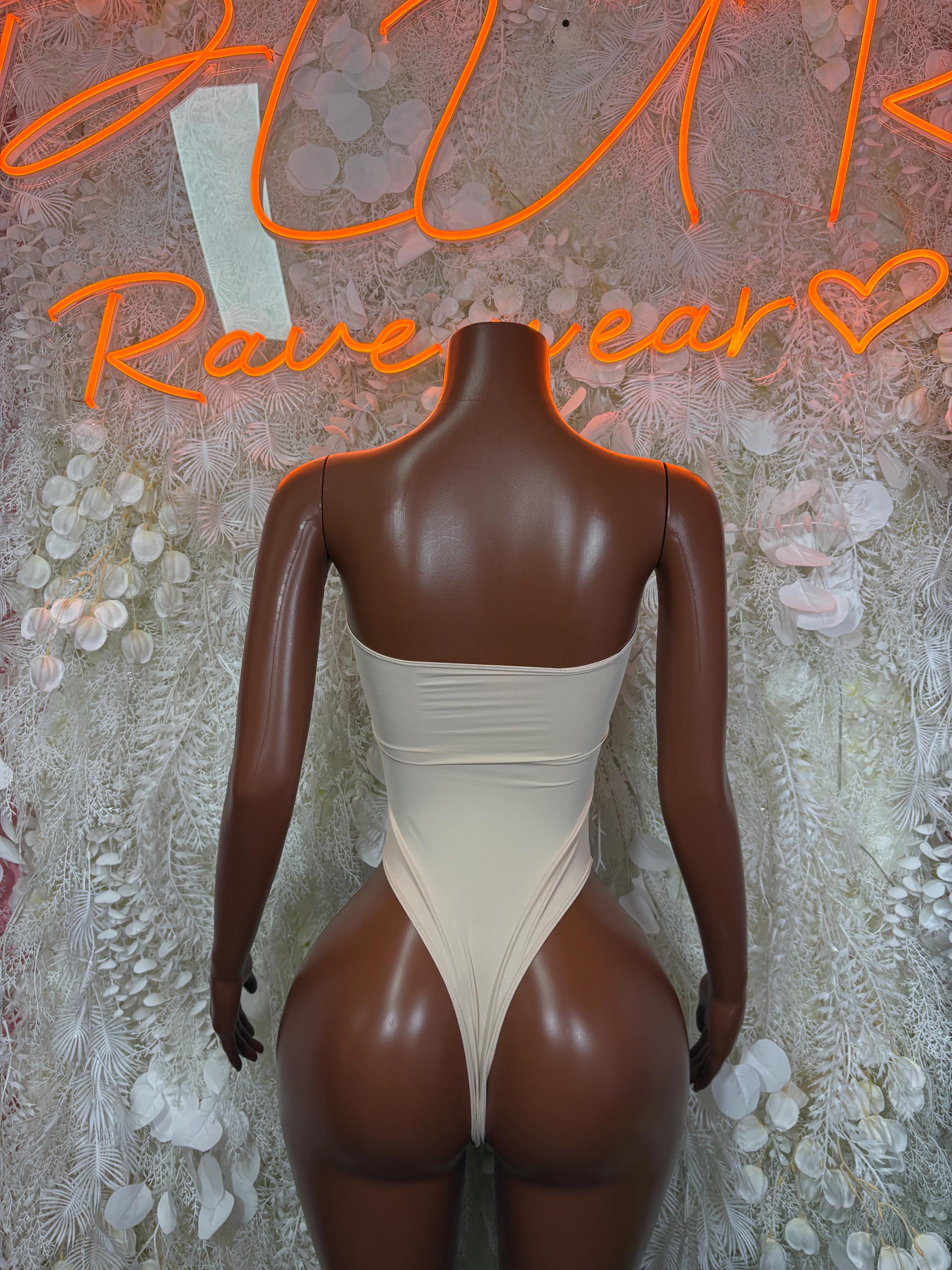 Cream bandeau one-piece bodysuit with high-cut back and scoop neckline