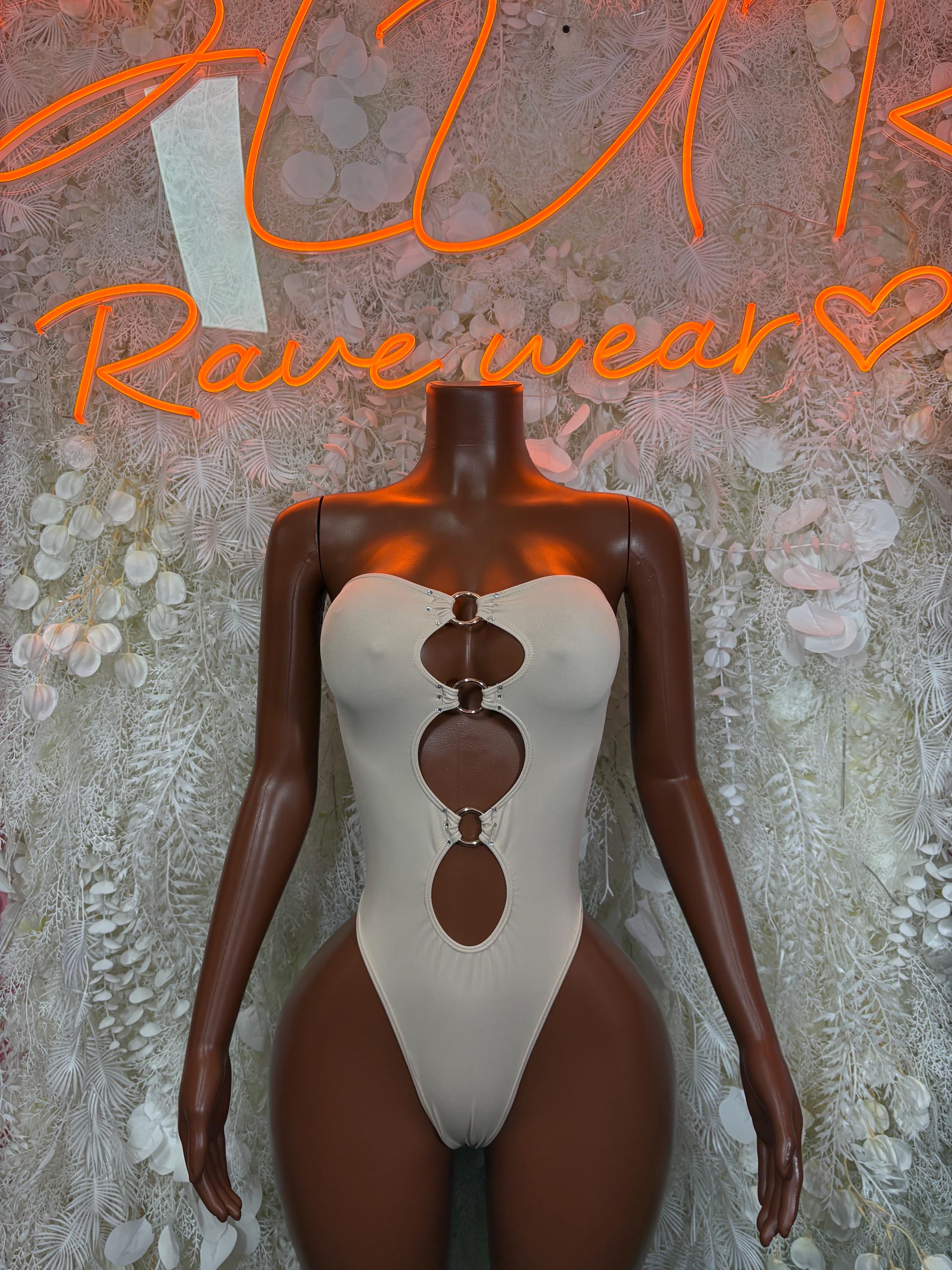 Cream rhinestone bodysuit with ring keyhole cutout, sleeveless one-piece