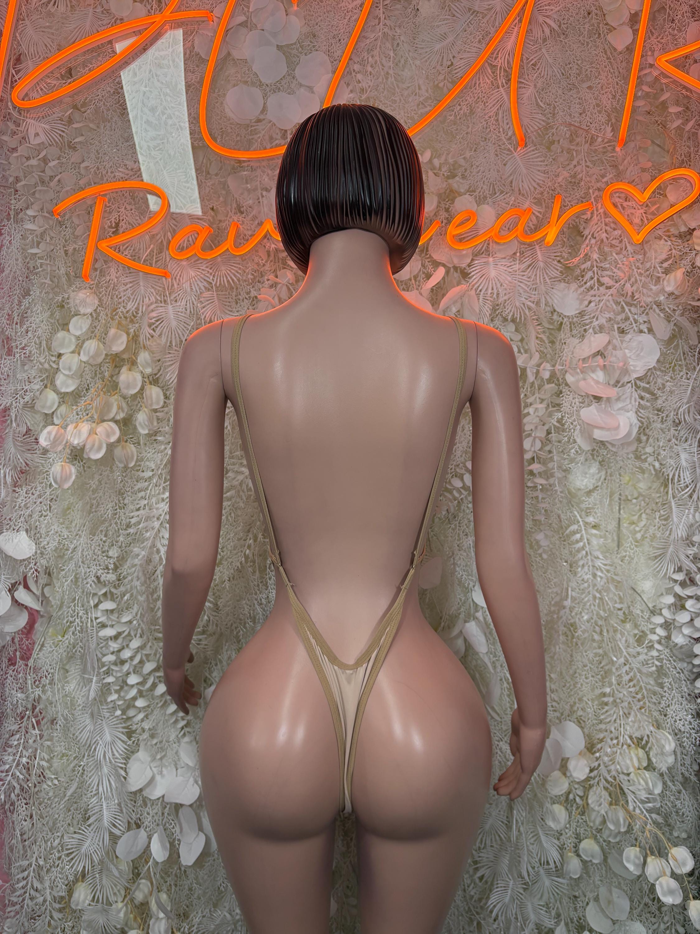 Nude backless bodysuit with V back and thin straps, one-piece