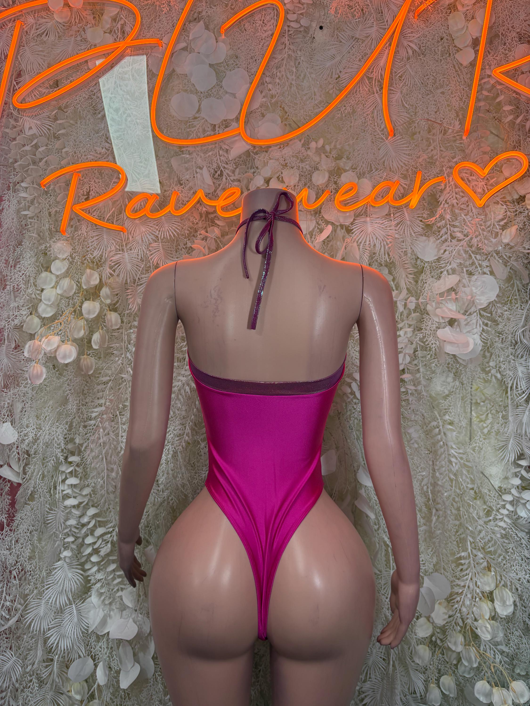Pink halter rave bodysuit with crisscross tie at back