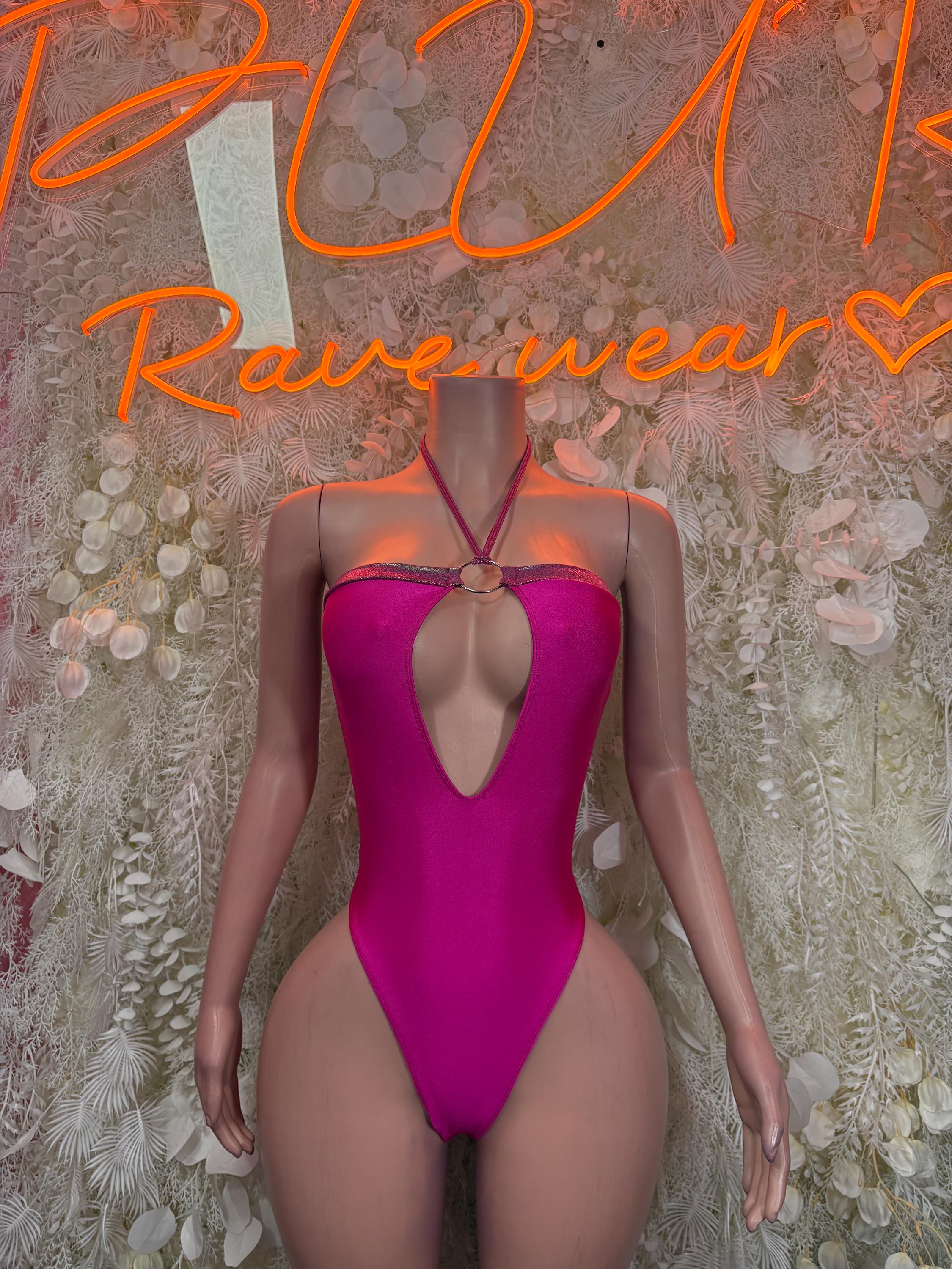Pink halter-style rave bodysuit with keyhole cutout at back