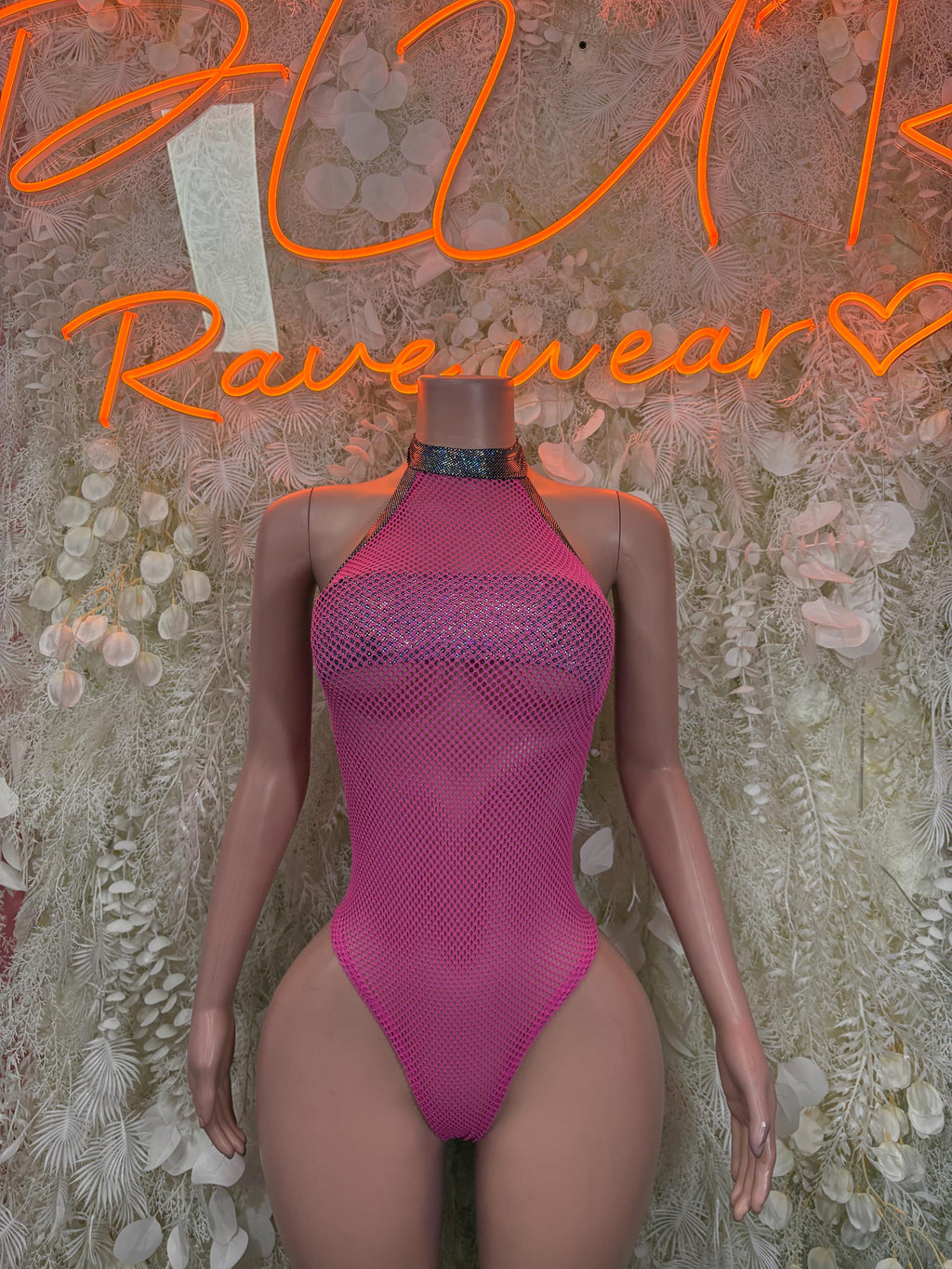 Pink fishnet halter bodysuit swimsuit with high neckline and cheeky cut