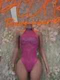 Pink fishnet halter bodysuit swimsuit with high neckline and cheeky cut
