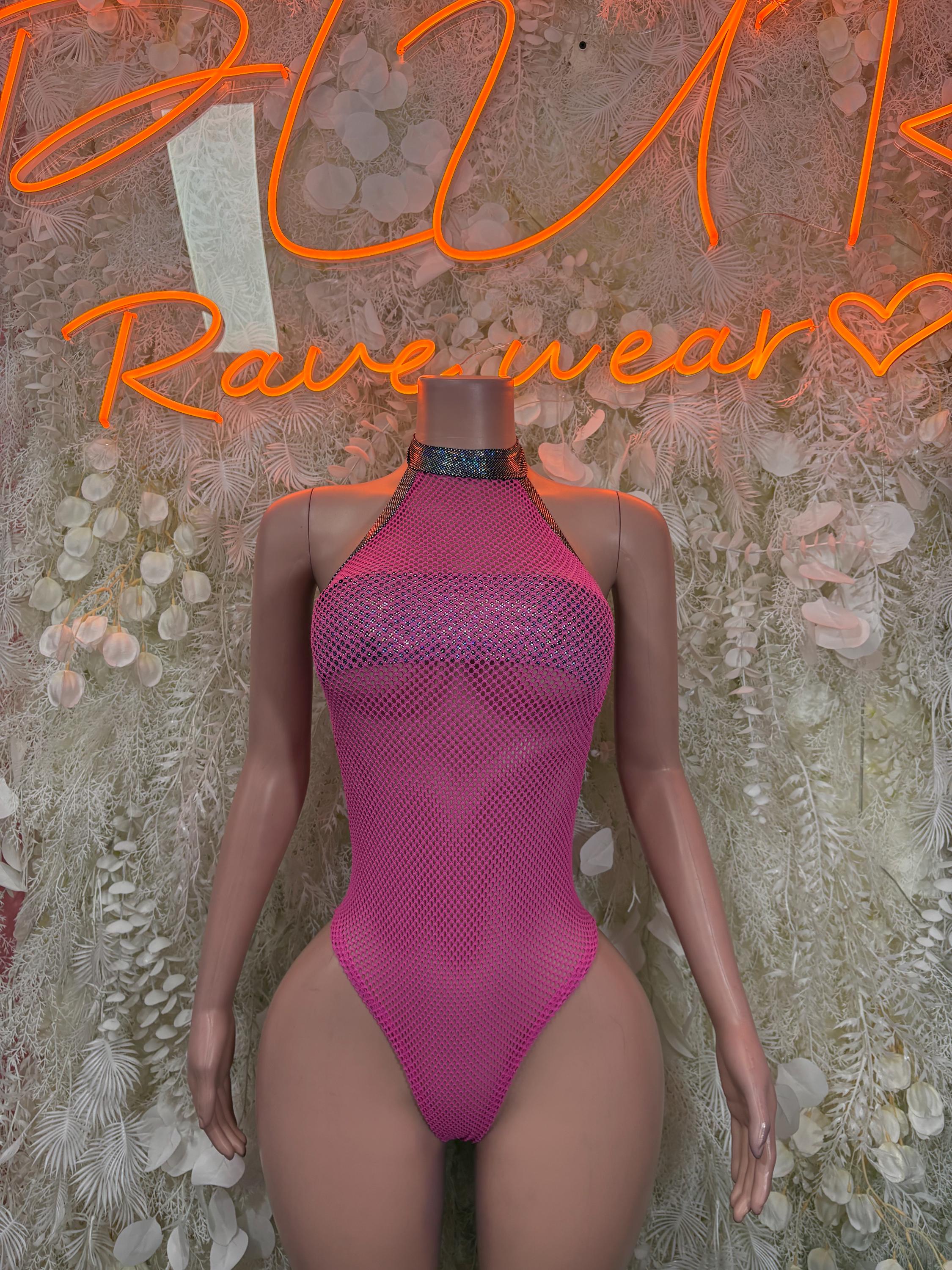 Pink fishnet halter bodysuit swimsuit with high neckline and cheeky cut