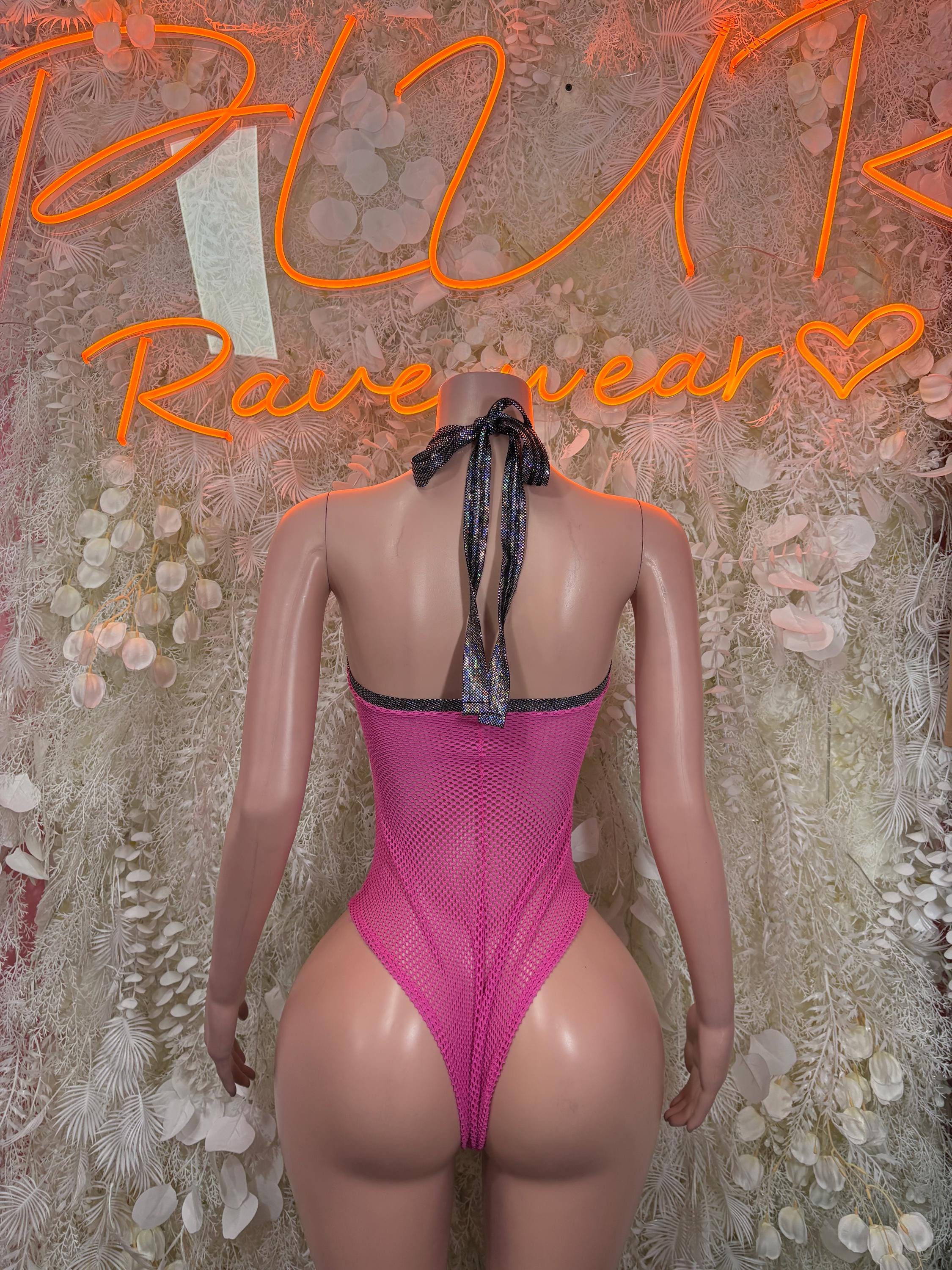 Pink fishnet halter bodysuit swimsuit, open back with crisscross strap tie