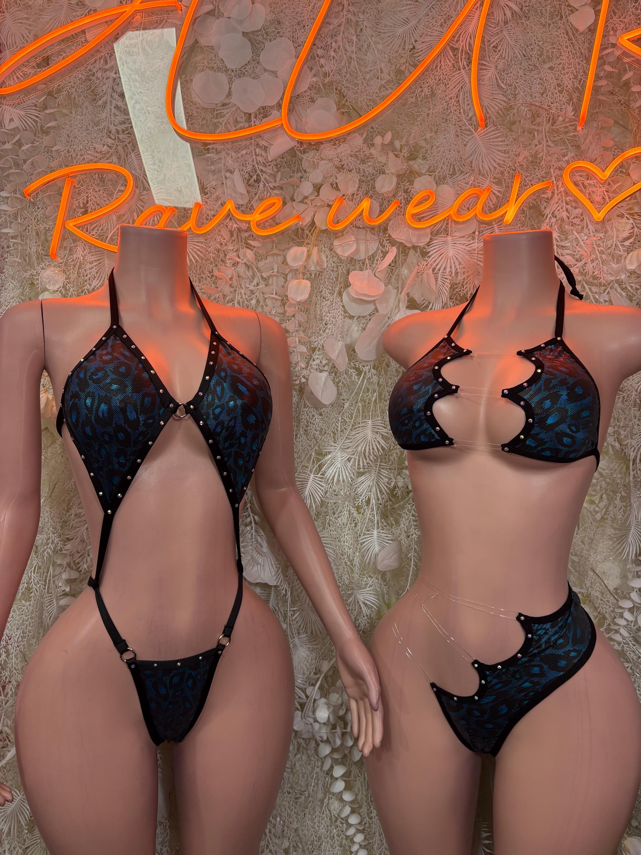 Dark blue holographic cheetah print two-piece rave set, matching bra and bikini bottom