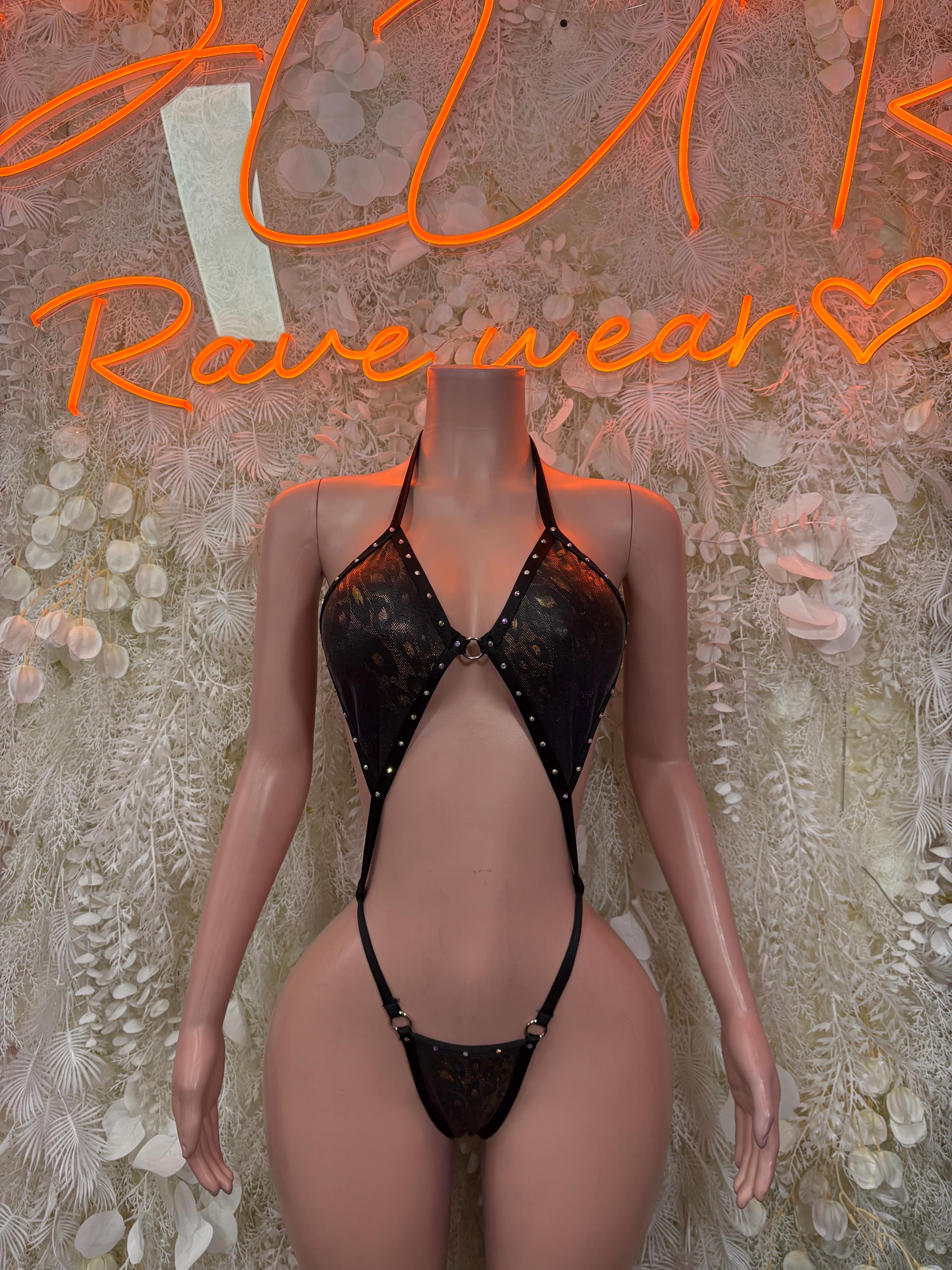 Black hologram cheetah dancewear set with bra, thong, and tie straps