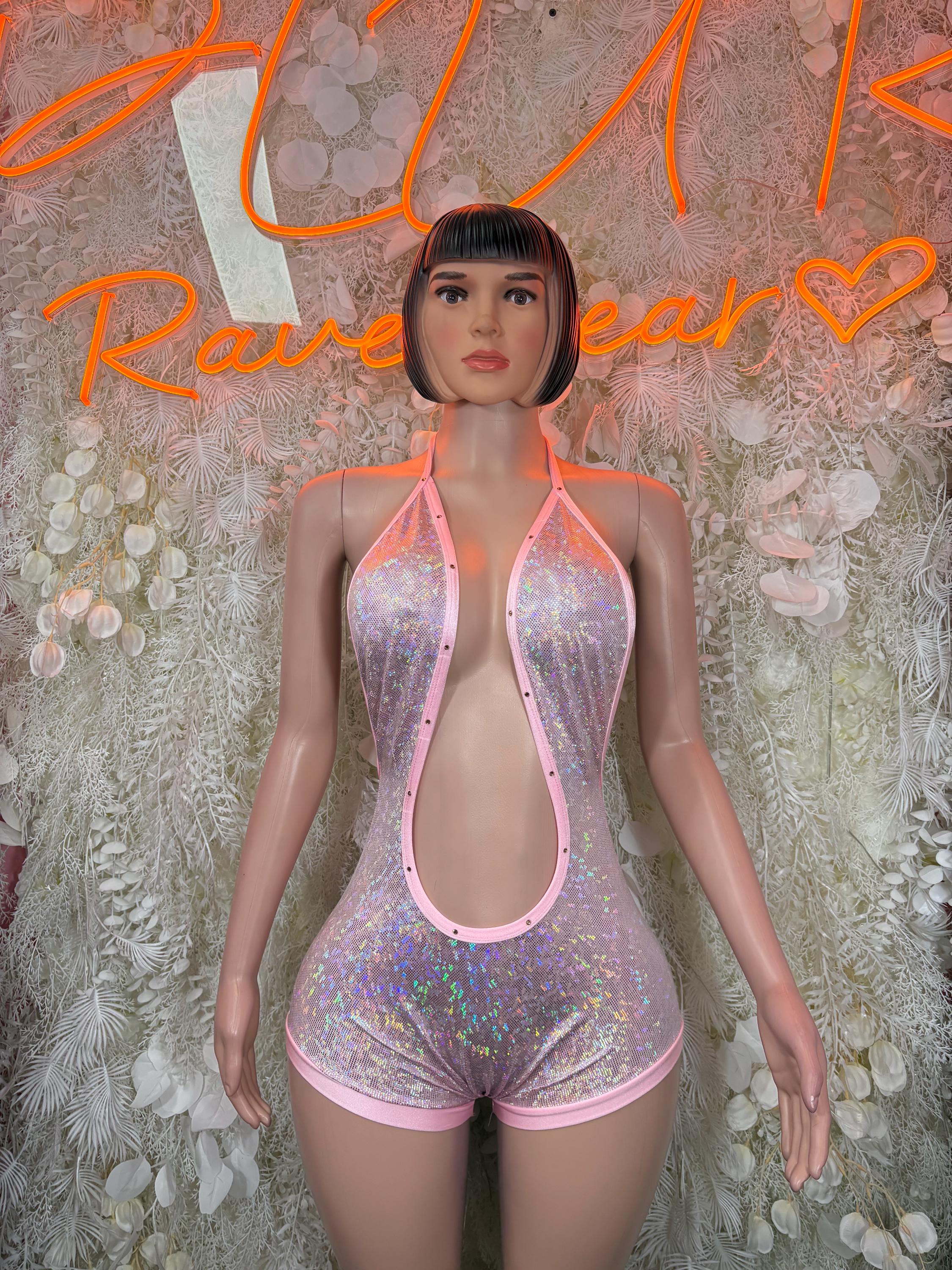 Pink metallic halter bodysuit with iridescent sheen, wide scoop cutout