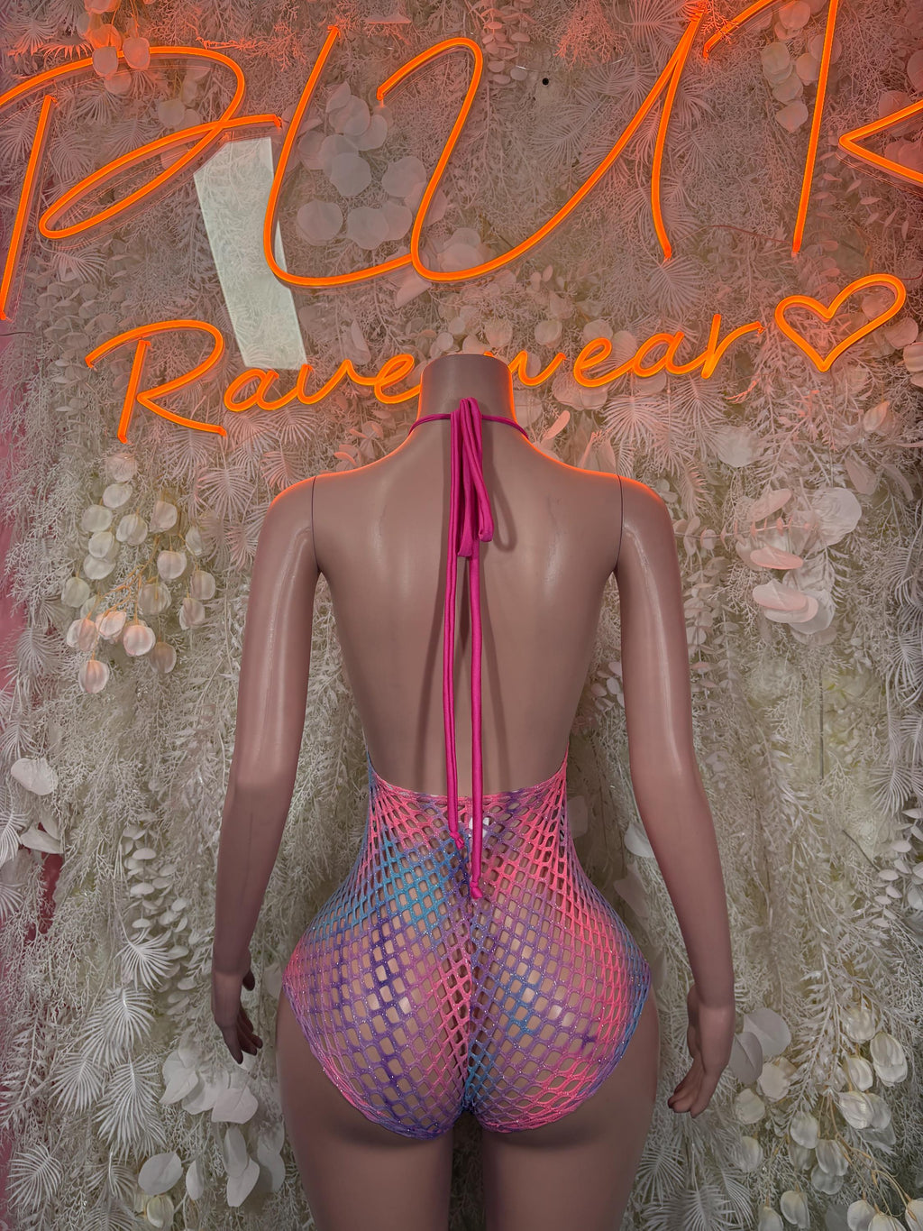 Back view pink halter bodysuit with long tie and blue-purple ombre mesh
