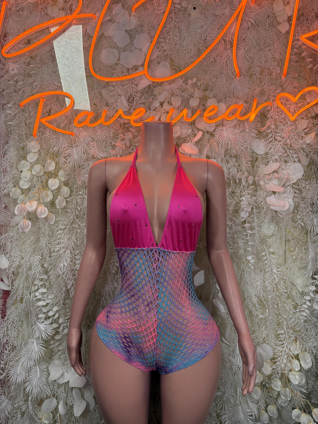 Pink halter bodysuit with blue-purple ombre mesh and thong bottom