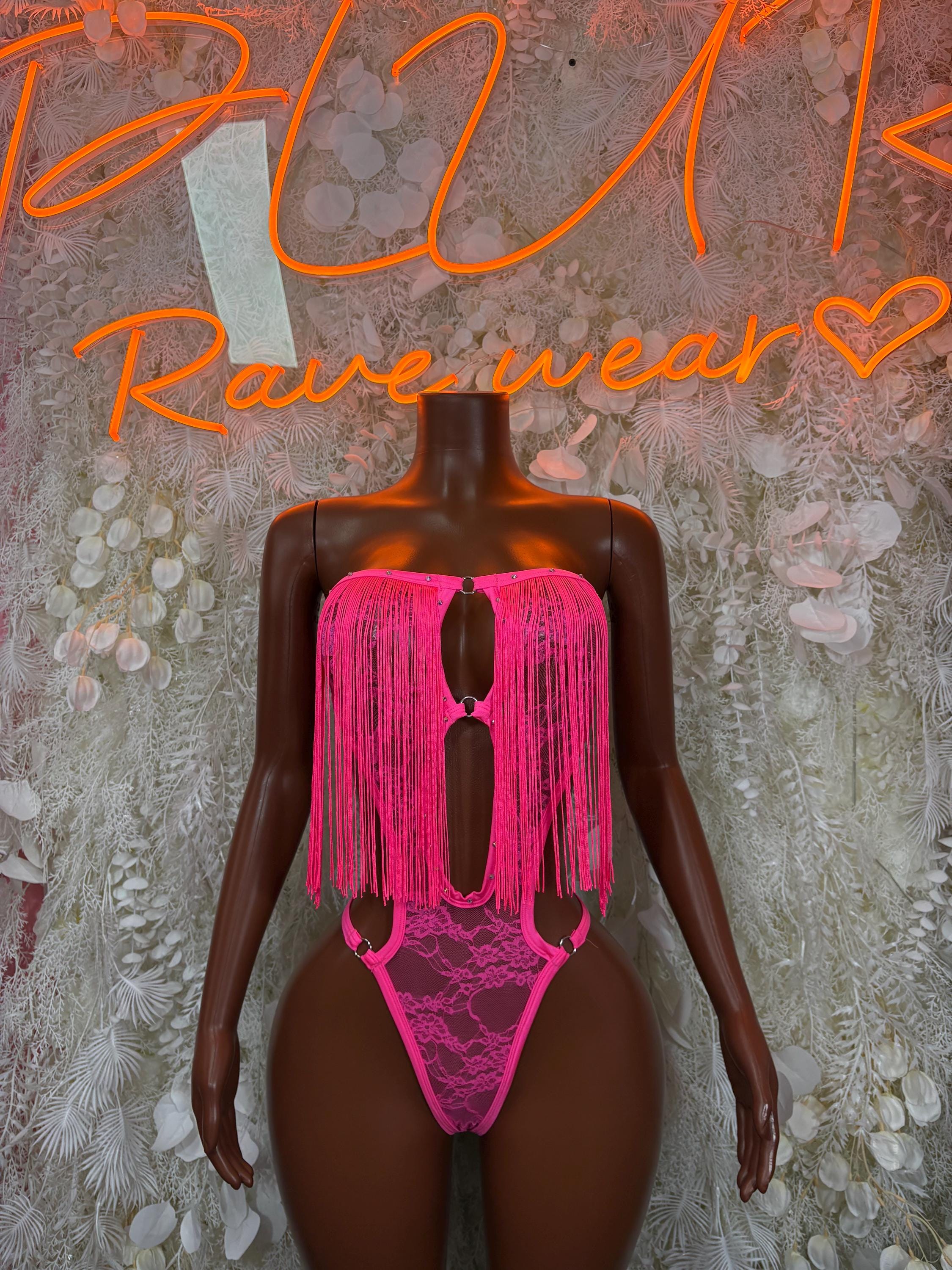 Pink fringe bodysuit with V-neckline and dangling front tassels