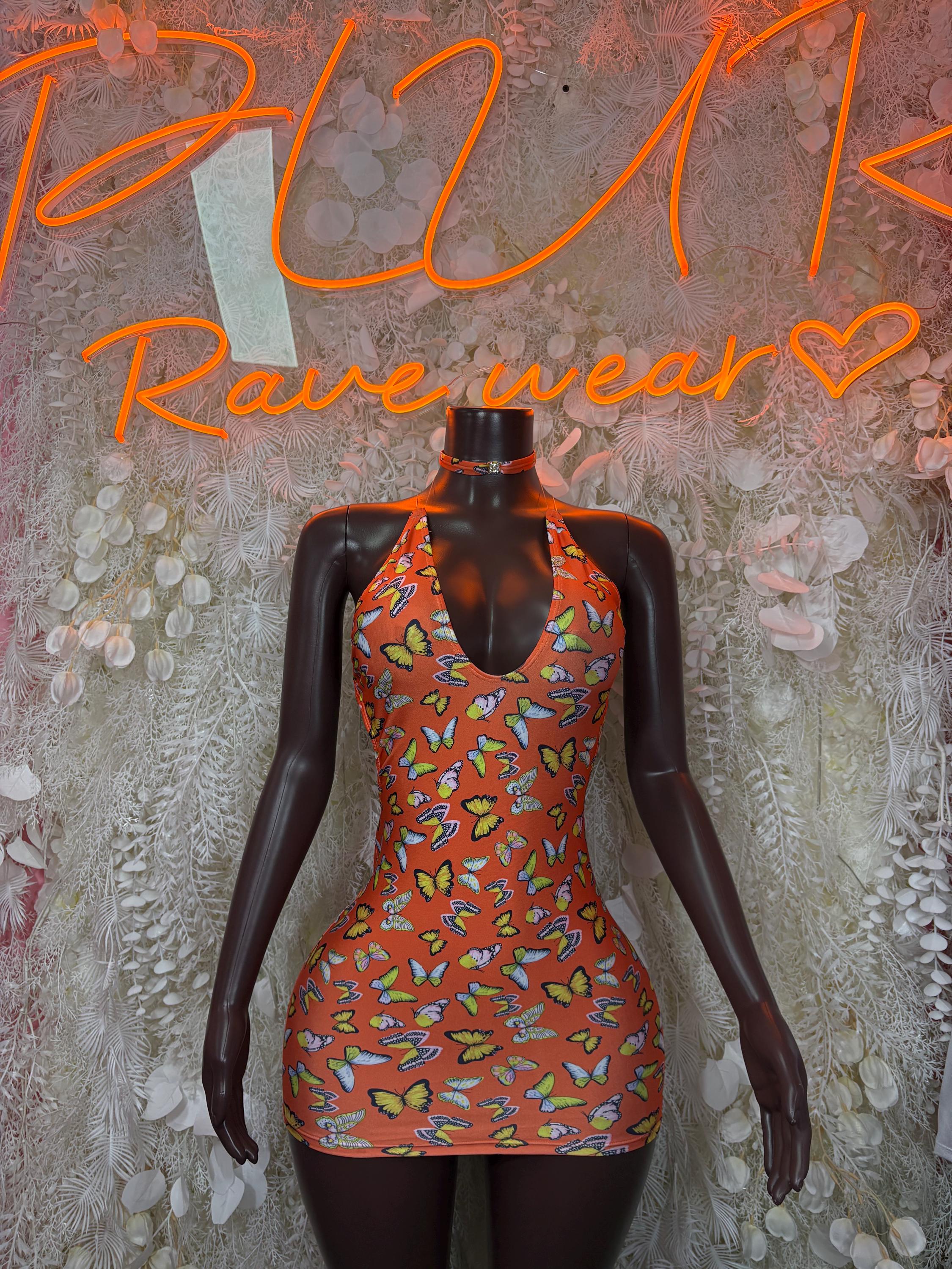 Butterfly print festival dress, orange sleeveless halter with keyhole neckline