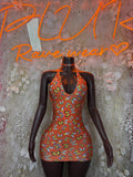 Butterfly print summer dress, orange with multicolor pattern, keyhole neckline