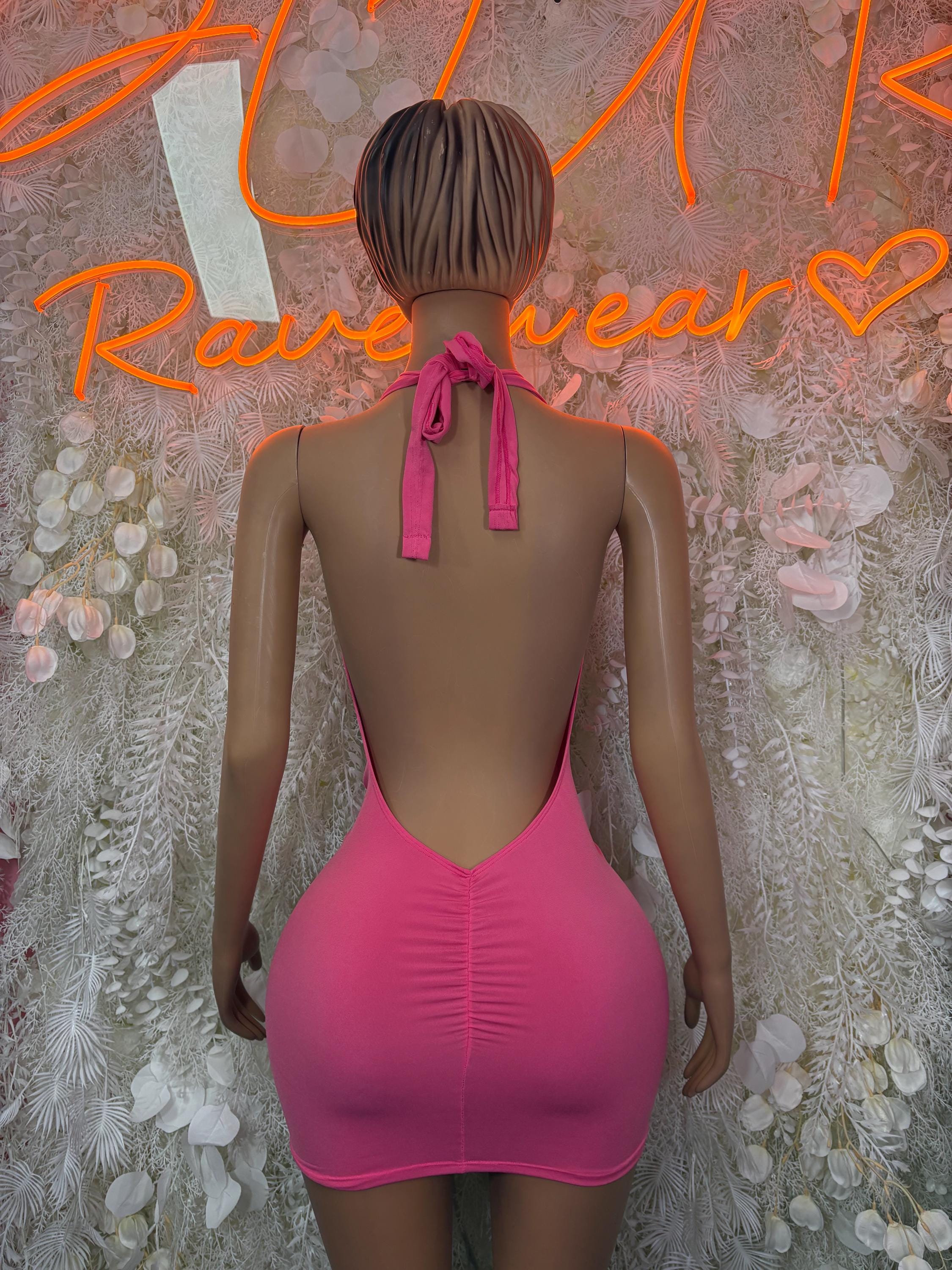 Pink halter mini dress with open back and tie straps