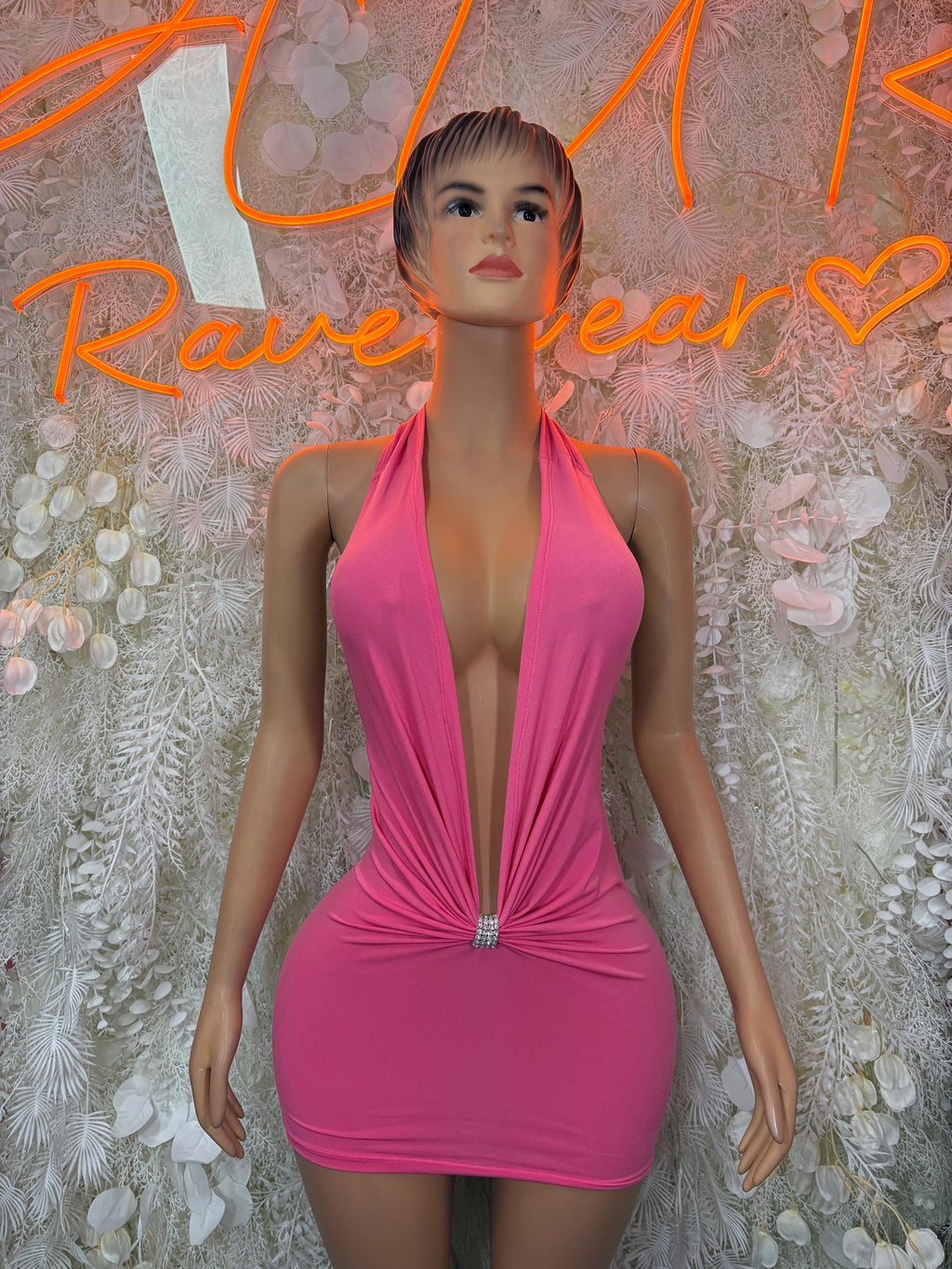 Pink halter mini dress with draped front and ruched waist, open neckline