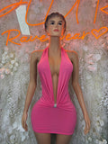 Pink halter mini dress with draped front and ruched waist, open neckline