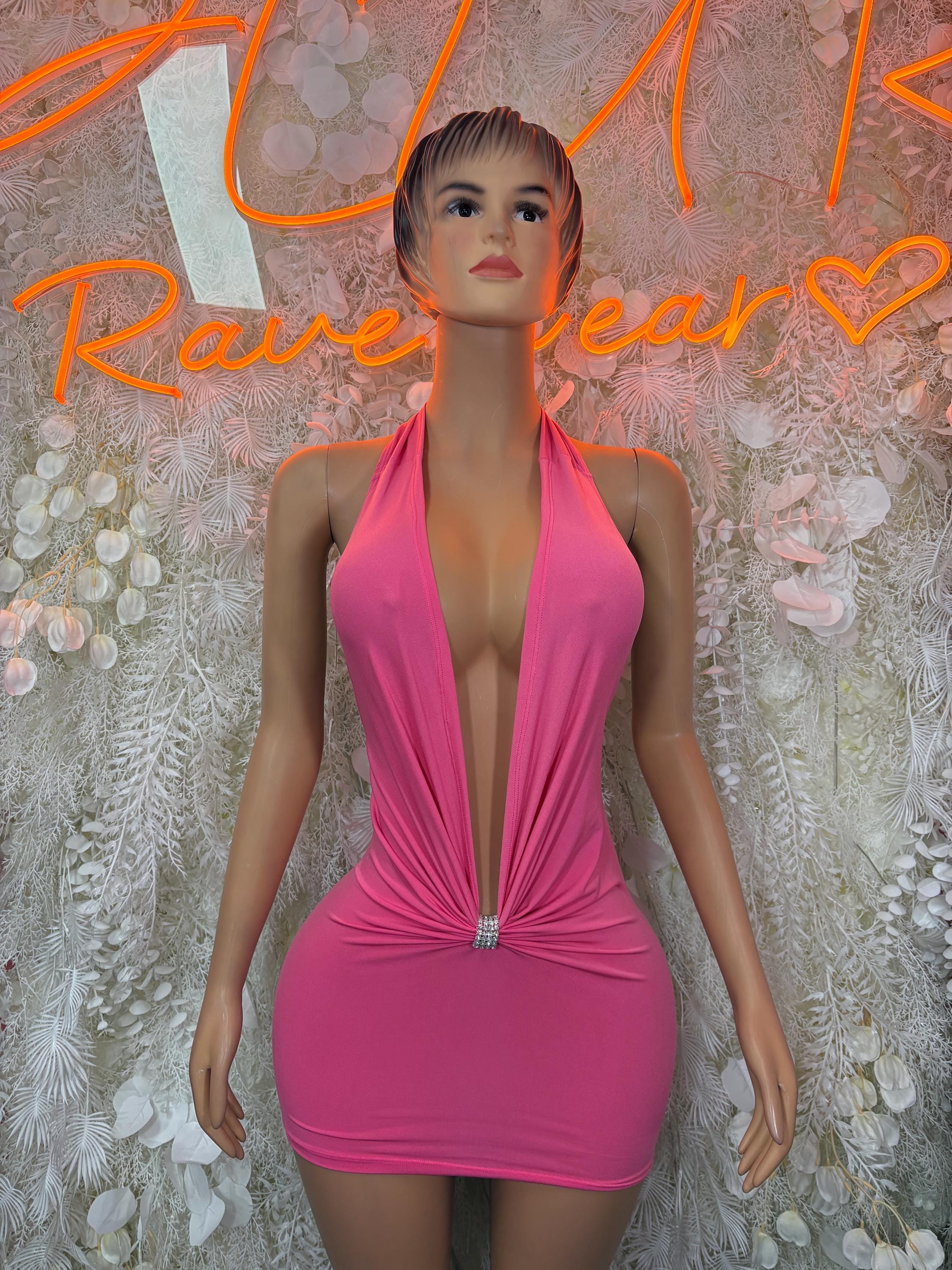 Pink halter mini dress with draped front and ruched waist, open neckline