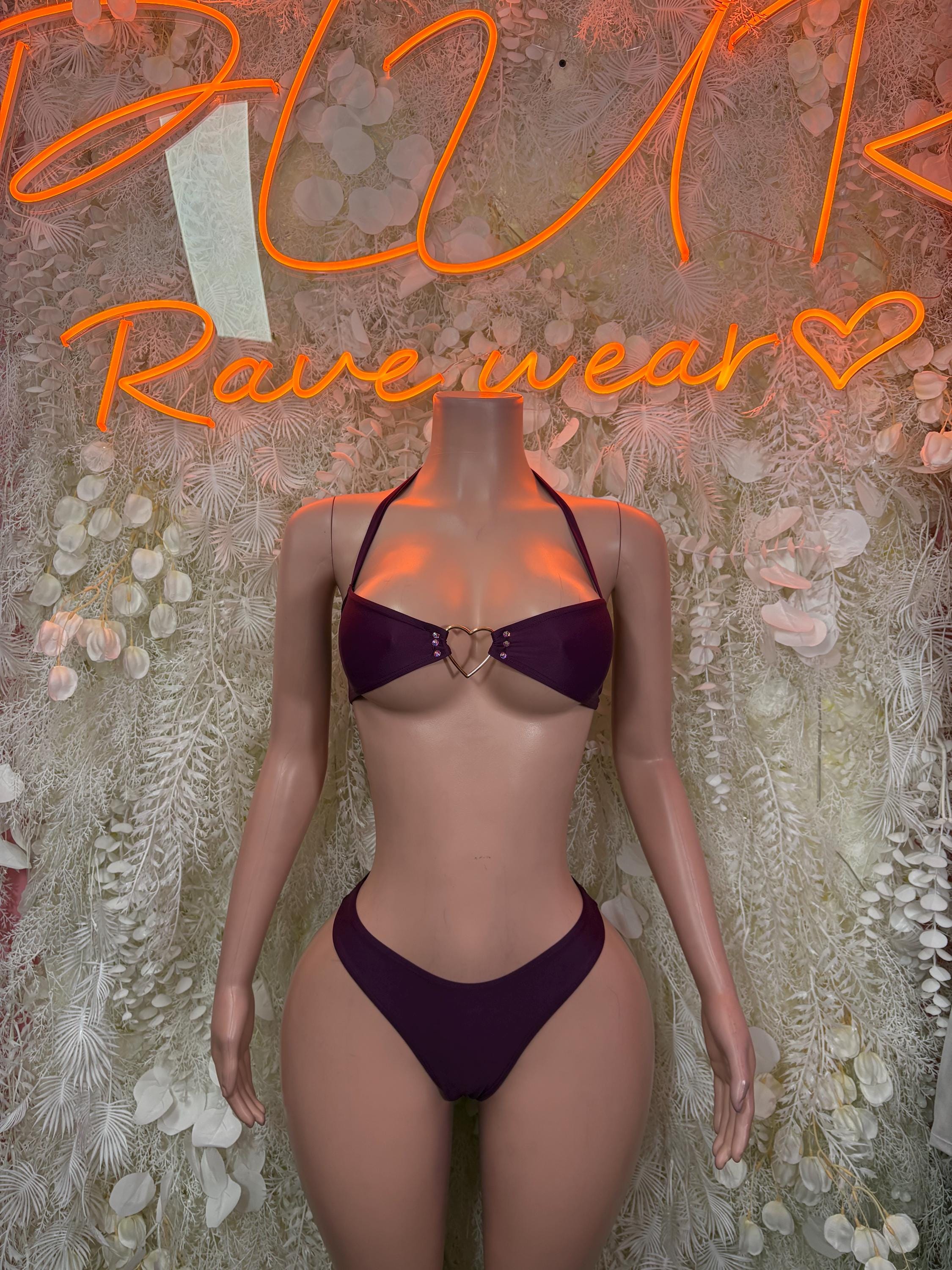 Purple two-piece bikini set with triangle bra top and high-cut bikini bottoms