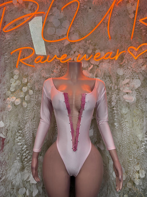 Pink long-sleeve bodysuit with deep V neckline and buttoned front