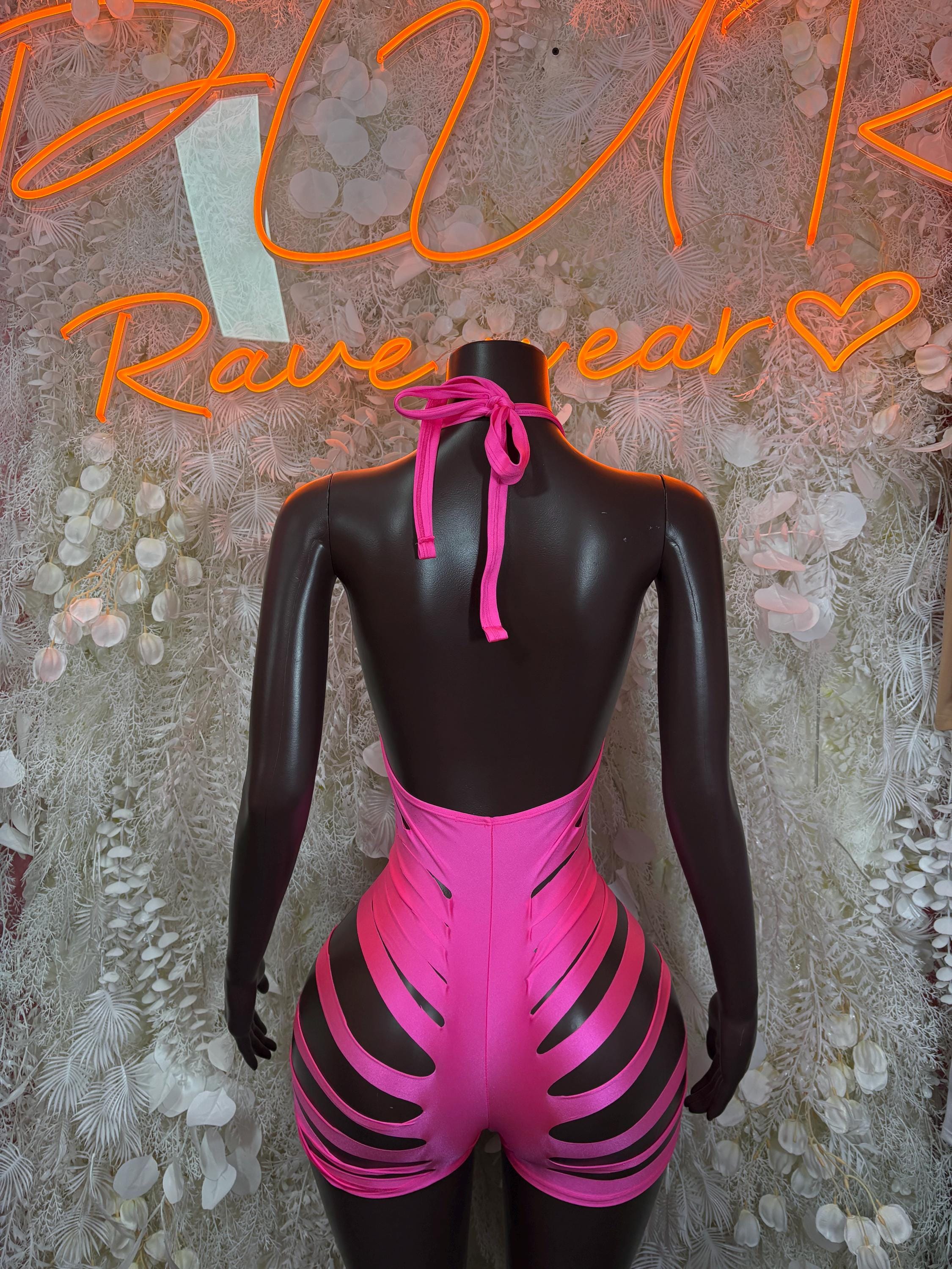 Pink cut-out bodysuit with tie-back and striped back cutouts