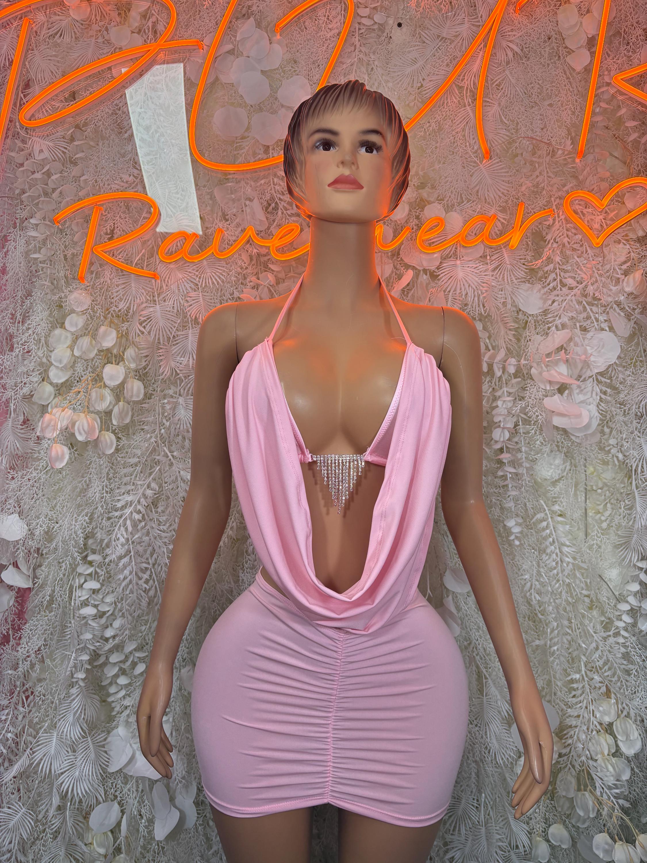 Baby pink ruched halter mini dress with draped open-back neckline