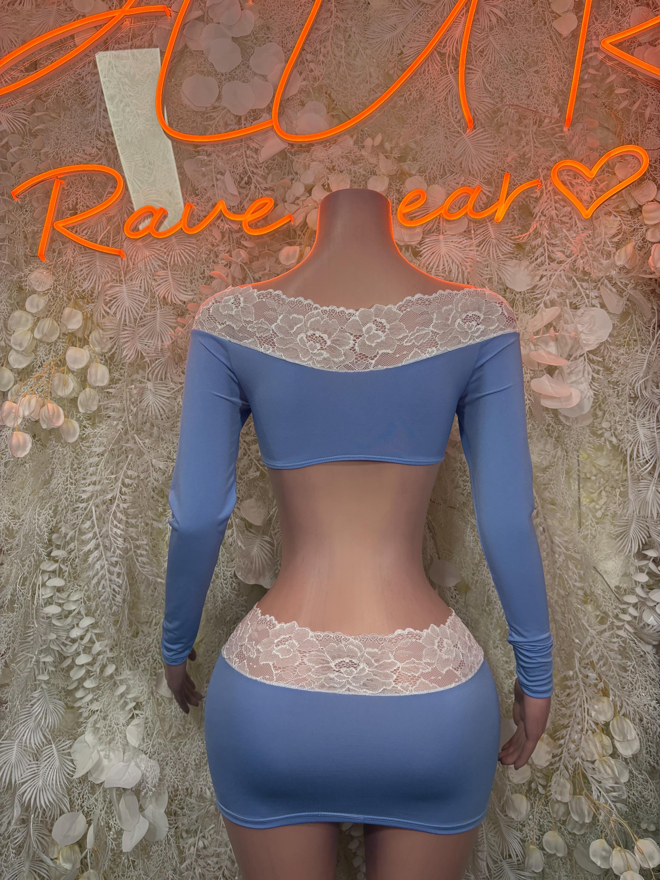 Blue festival two-piece set with long sleeves, lace trim, and ruched mini skirt