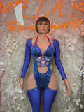 Bottlegirl blue metallic long-sleeve bodysuit with lace-up front cutouts