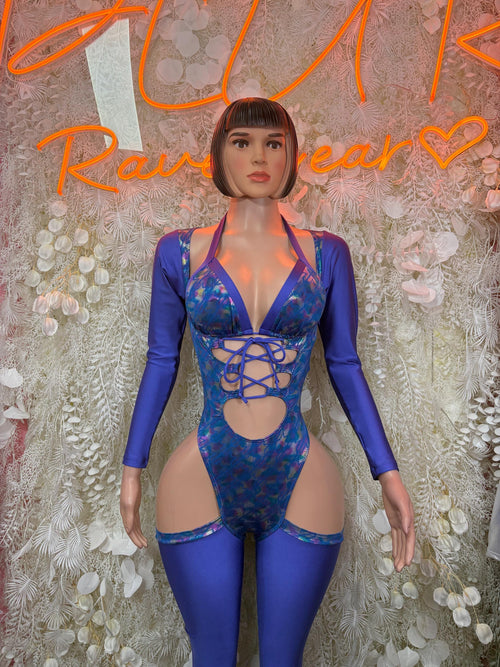 Bottlegirl blue metallic long-sleeve bodysuit with lace-up front cutouts