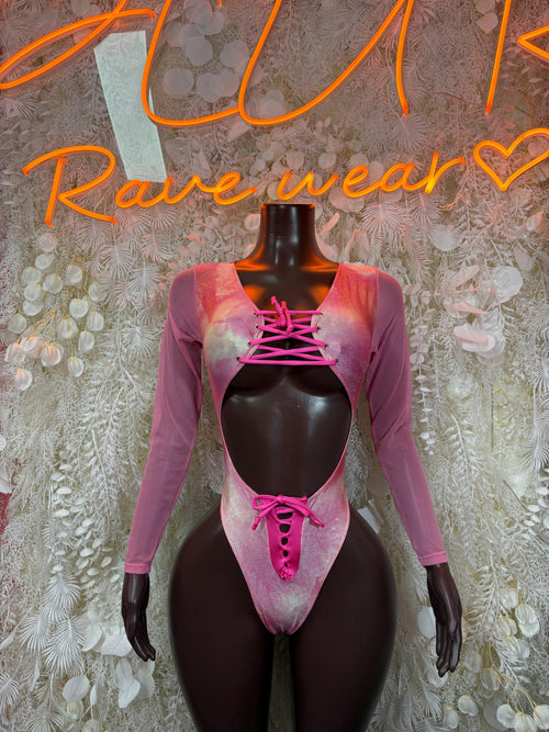 Pink metallic long-sleeve bodysuit with V neck and lace-up front