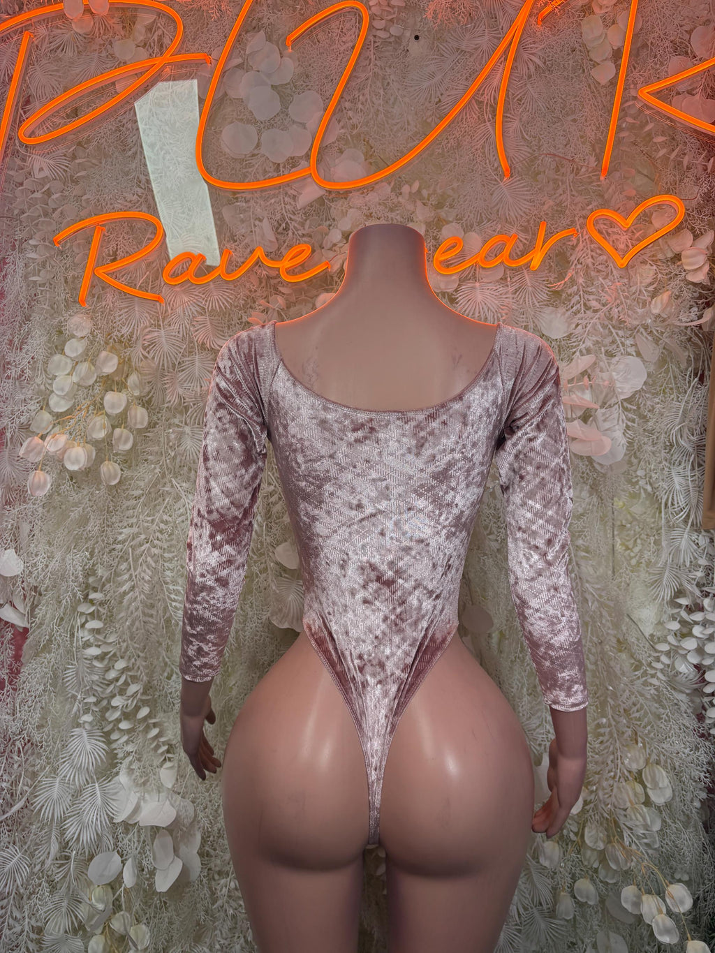 Velvet long-sleeve bodysuit with scoop neckline and V-cut front