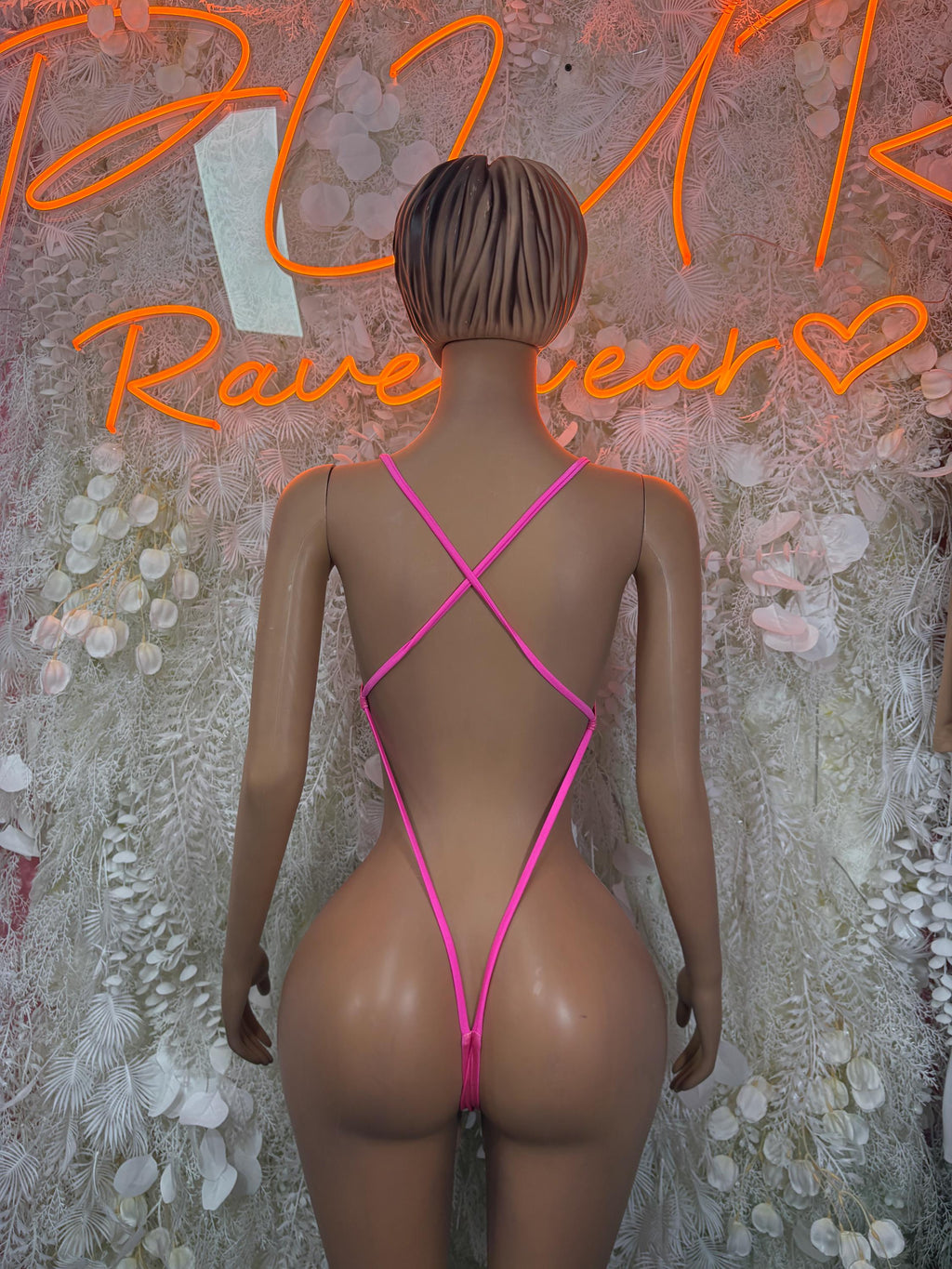 Pink metallic thong bodysuit with crisscross back straps