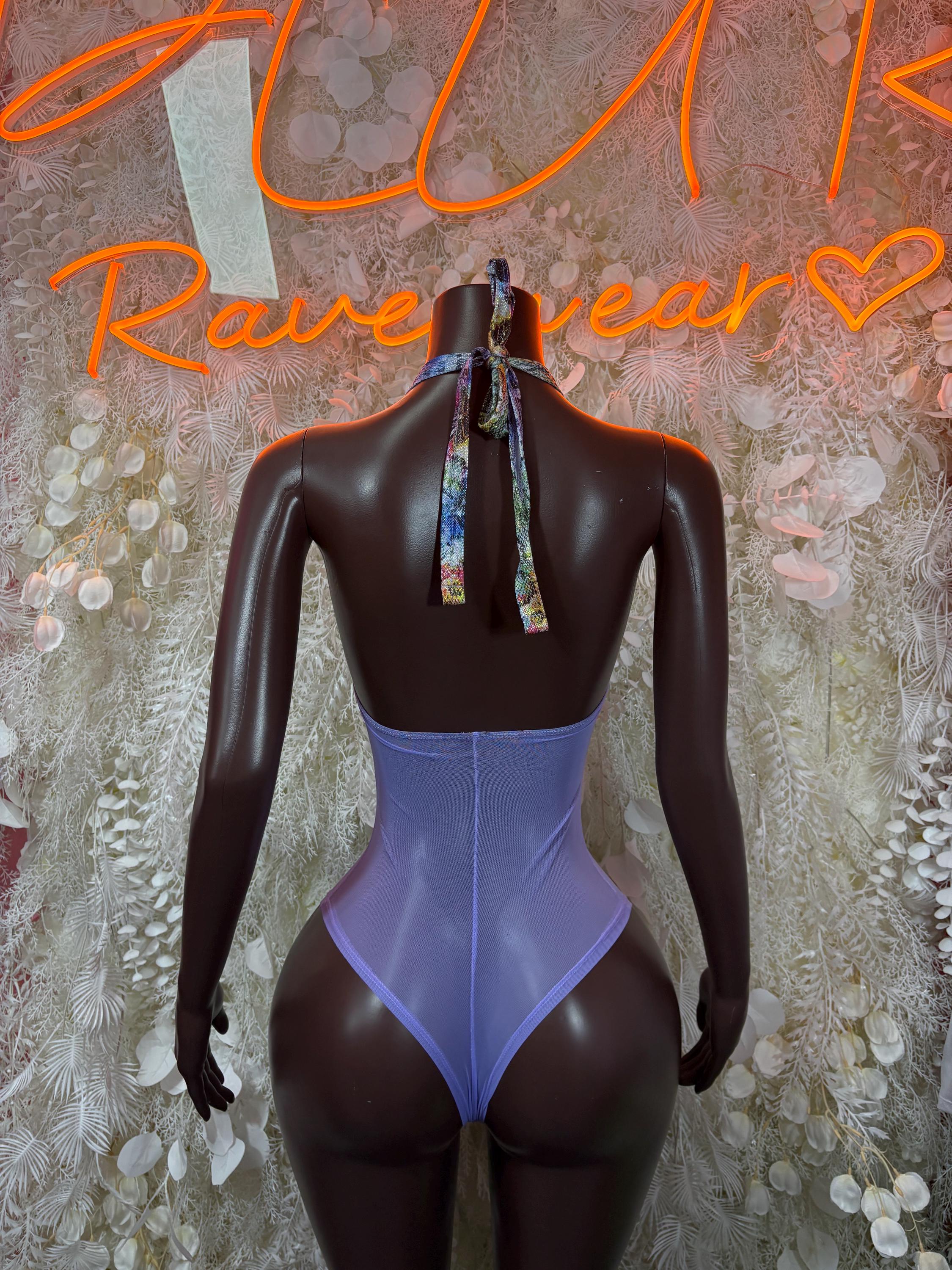 Purple one-piece bodysuit with open back and tie halter neck straps