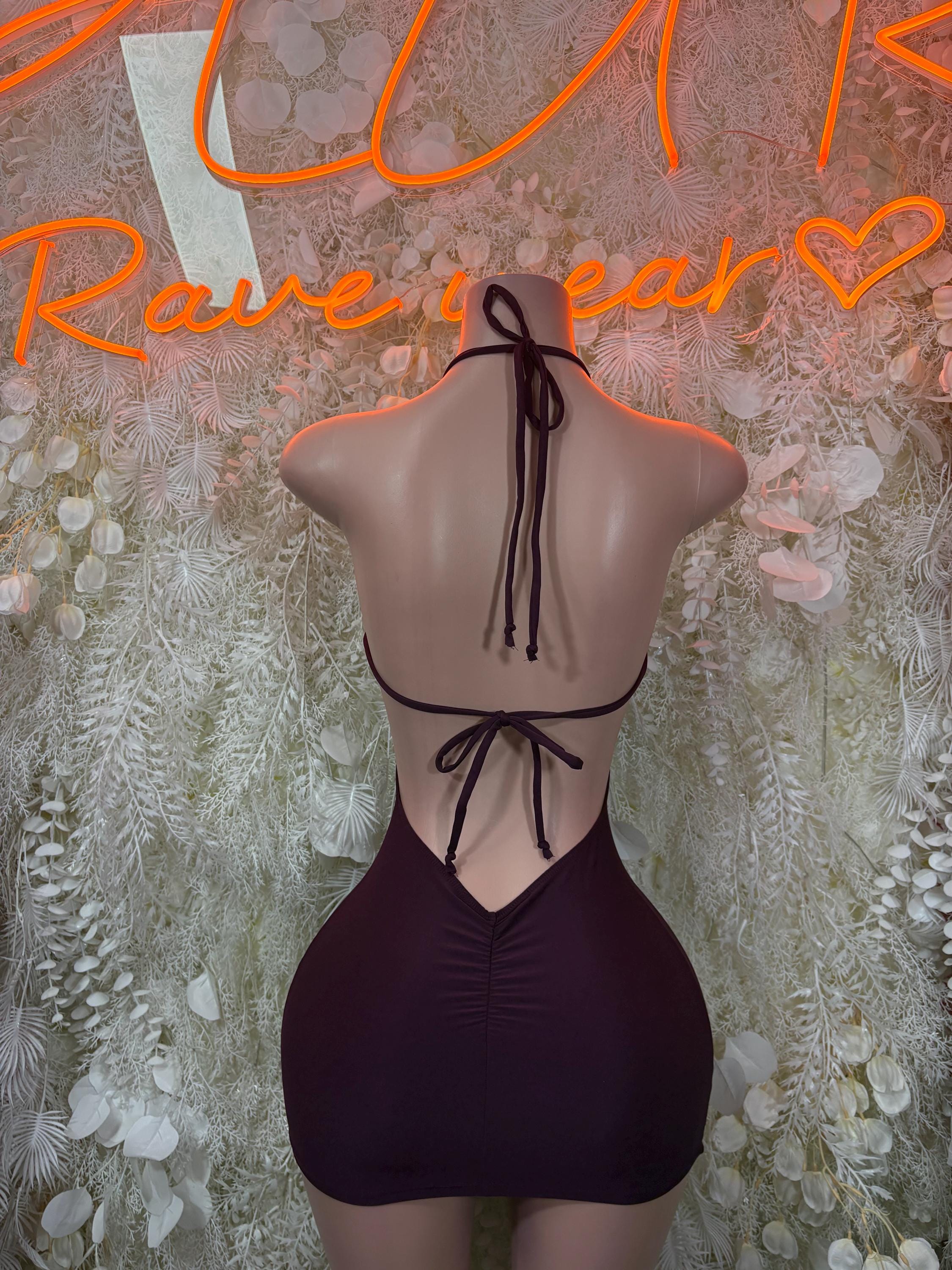 Purple back-tie one-piece dress with strappy open back and mini hem